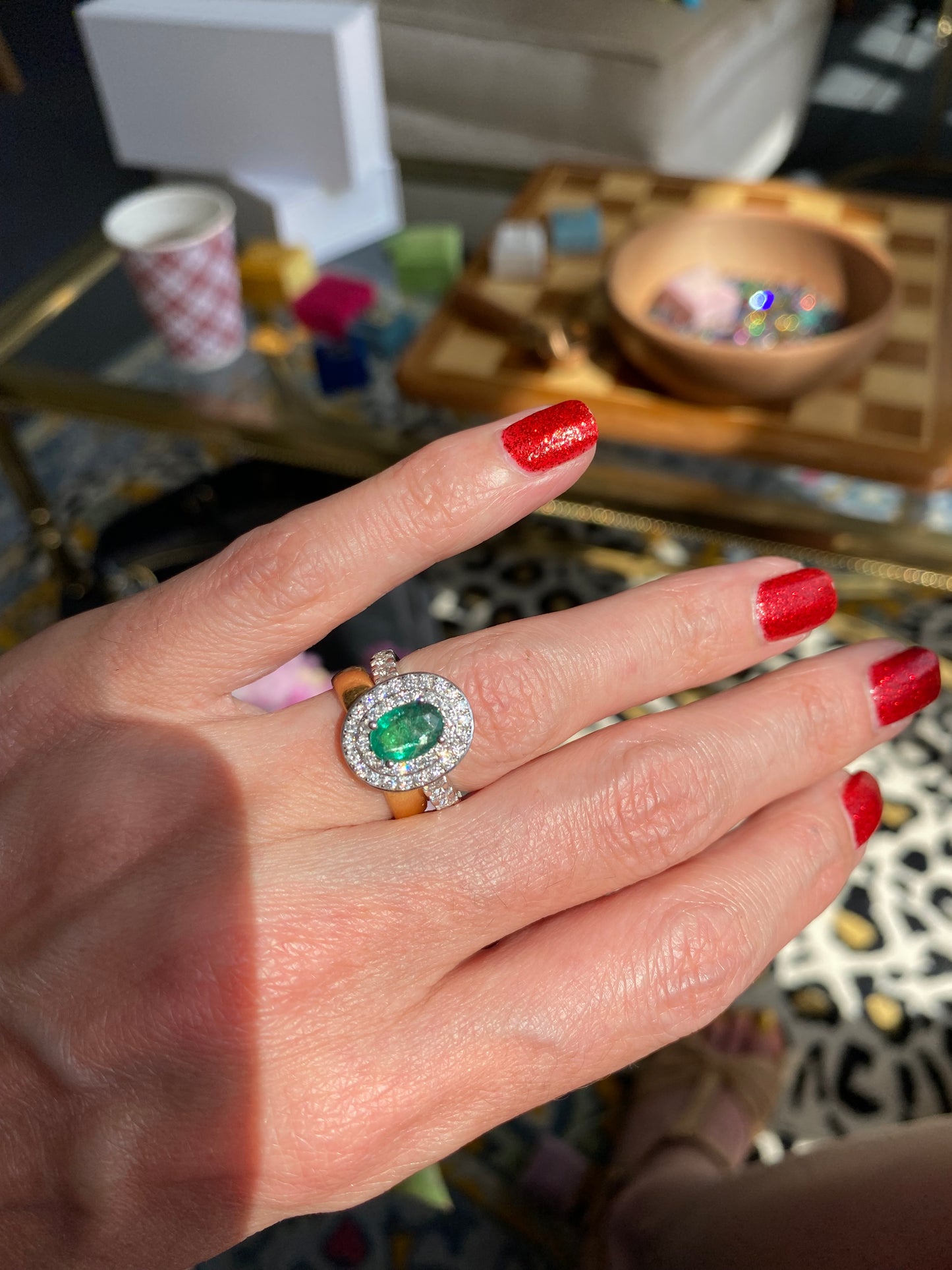 2.22 Ctw Emerald and Natural Diamond Double Halo Ring in Platinum