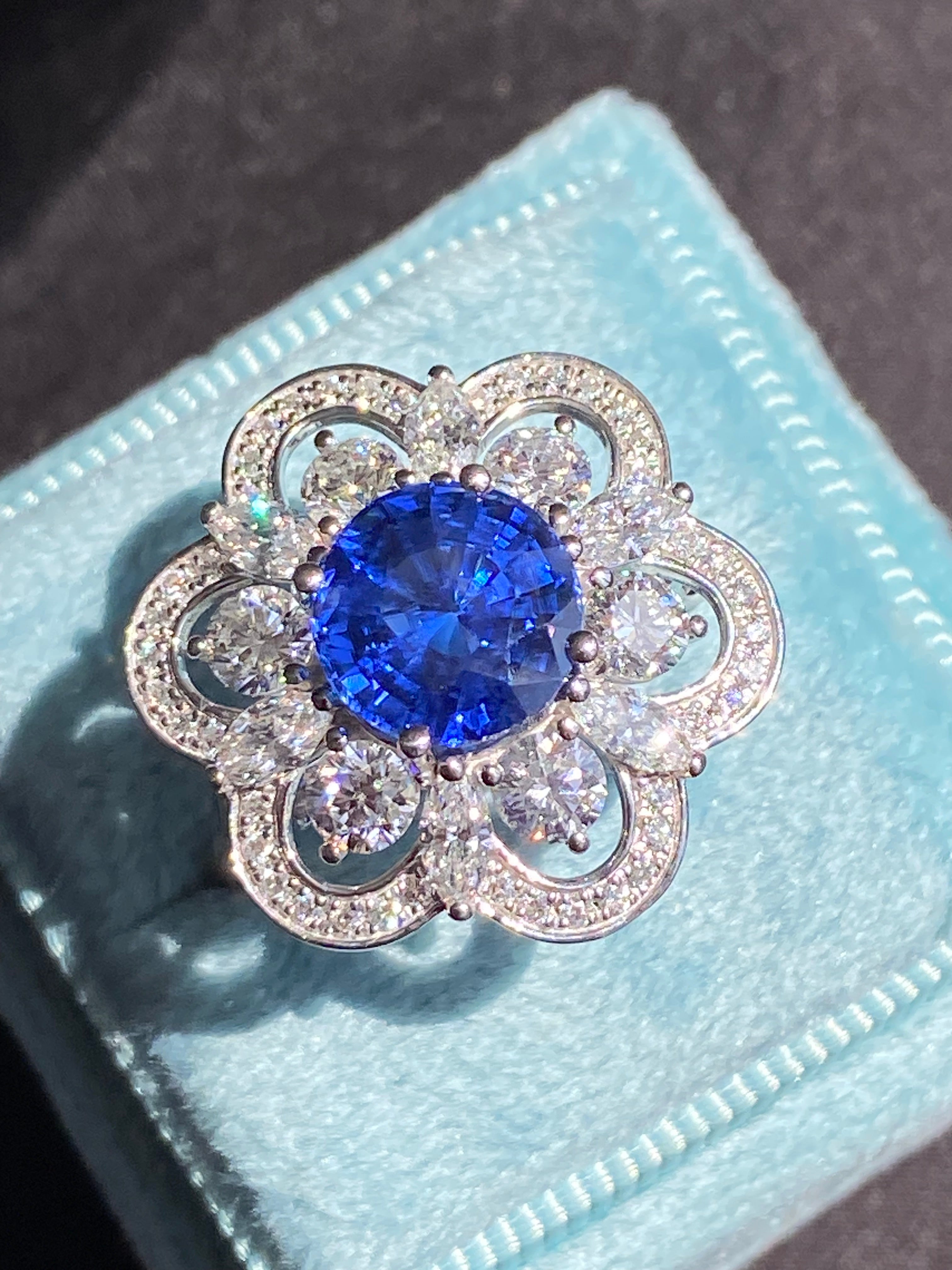 Masterpiece Showstopper 5.44 CTW Ceylon Sapphire and Natural Diamond Halo Cocktail Ring in Platinum