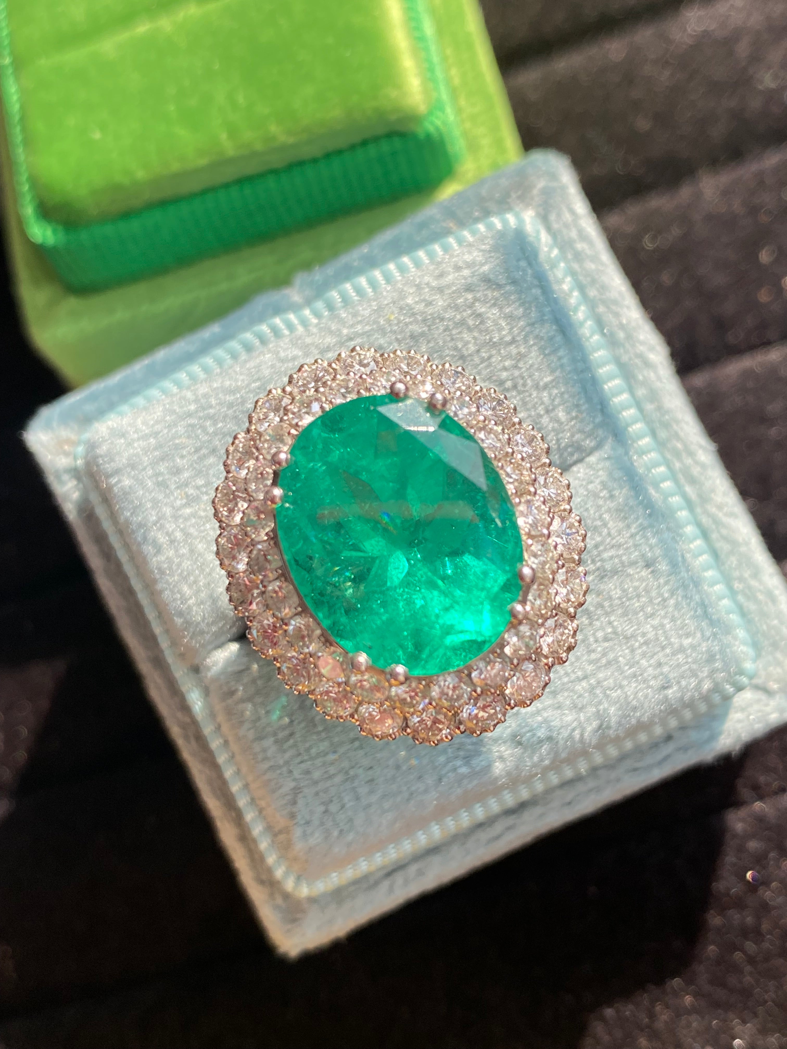 9.10 CTW Colombian Emerald and Natural Diamond Double Halo Ring in Platinum