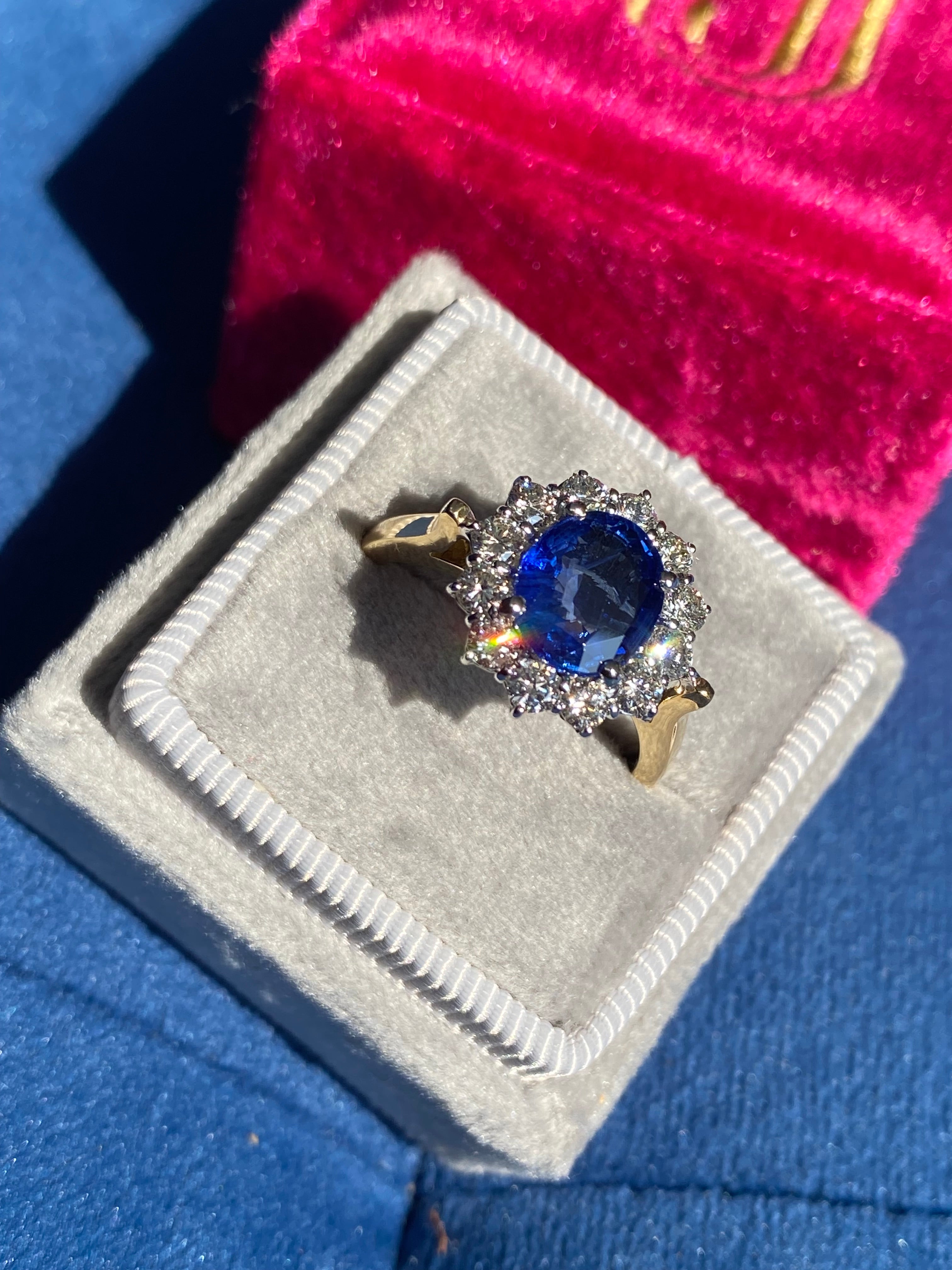 3.31 CTW Ceylon Sapphire and Natural Diamond Halo Ring in 18ct Gold