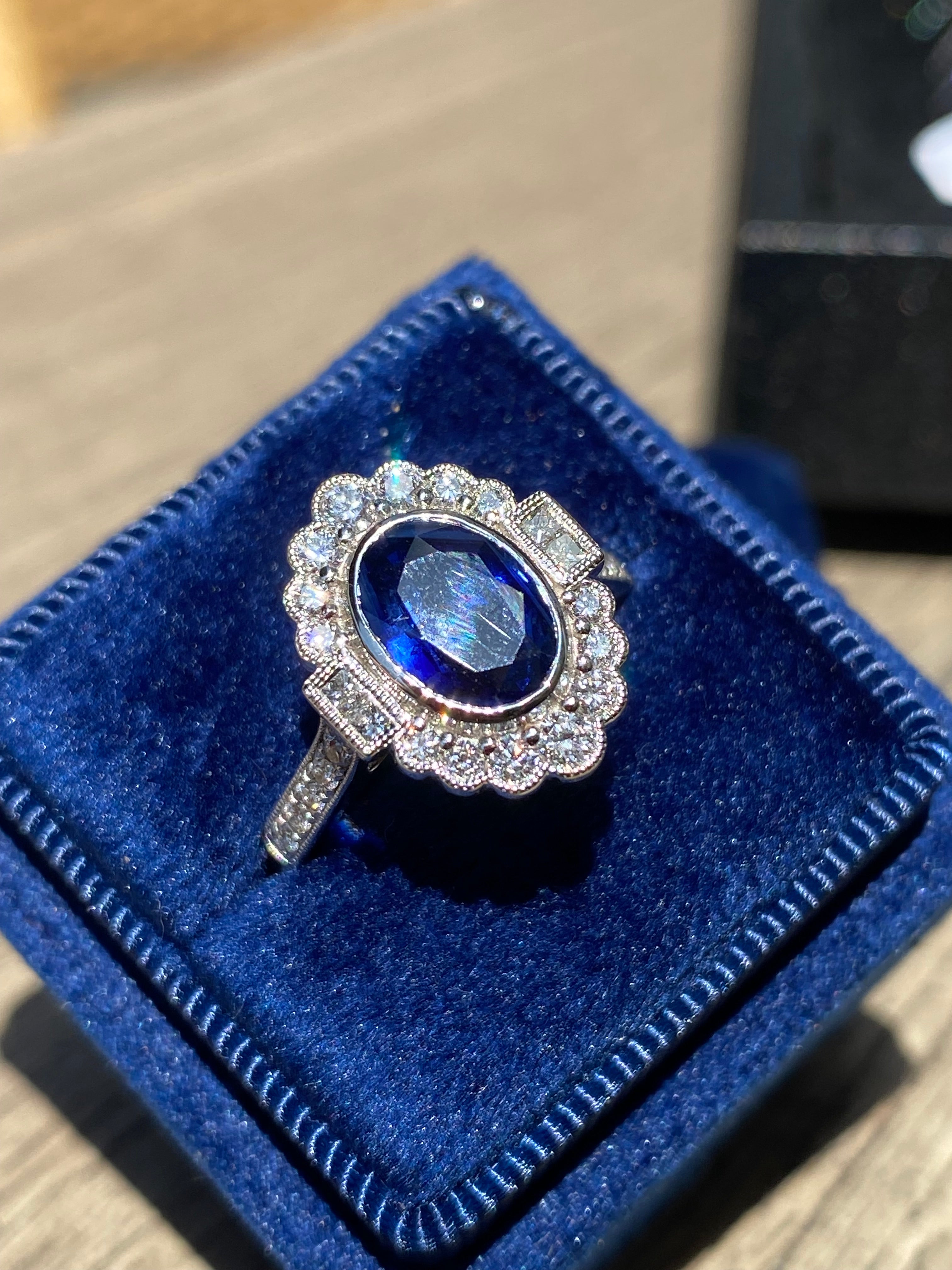 1.95 Carat Blue Ceylon Sapphire and Natural Diamond Halo Ring in Platinum