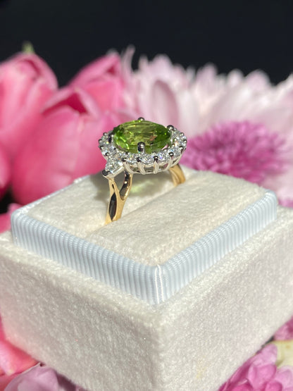 2.96 Carat Peridot and Natural Diamond Halo Ring in 18ct Yellow Gold