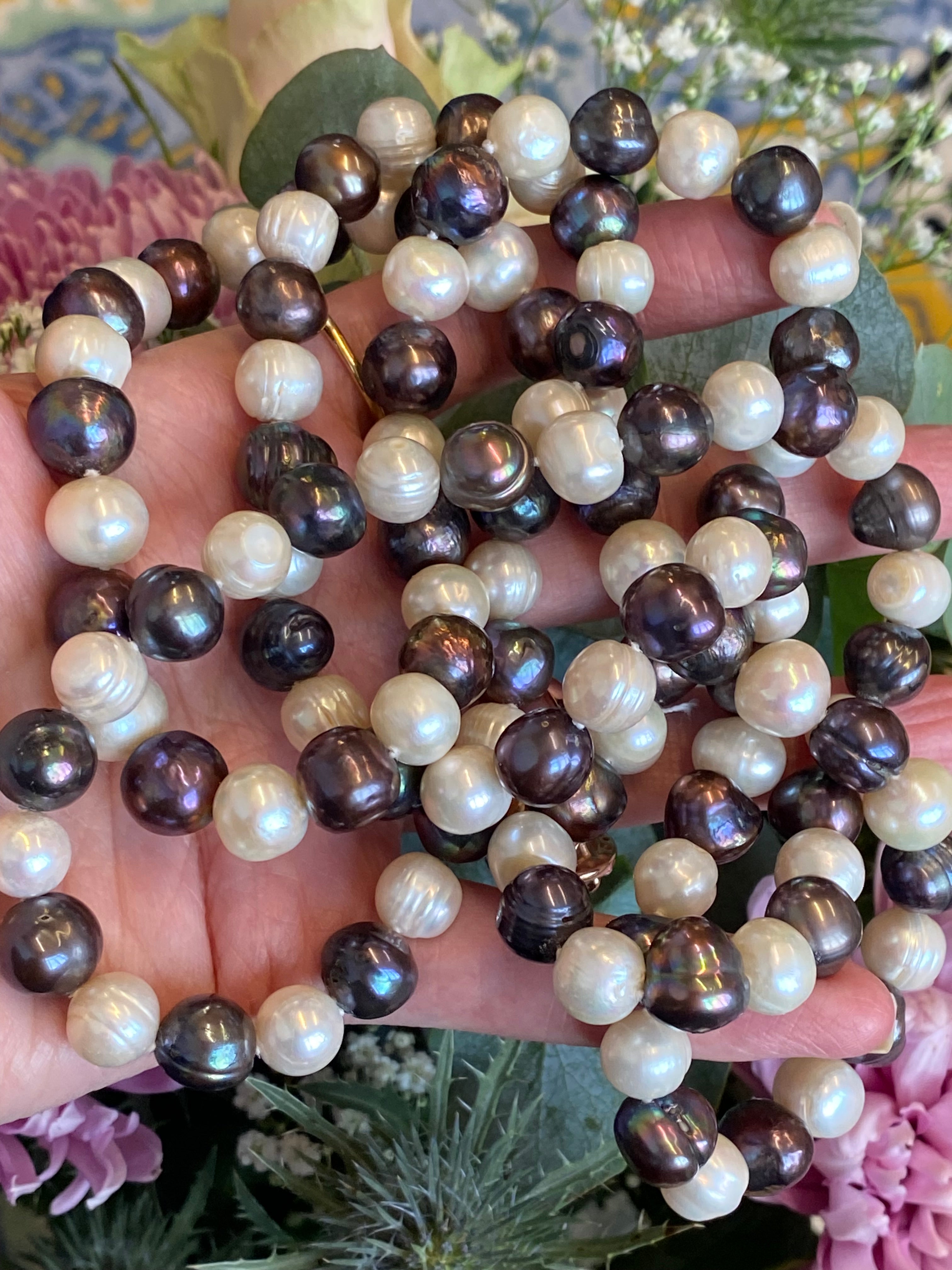 Vintage Black and White Pearl Opera Length Necklace