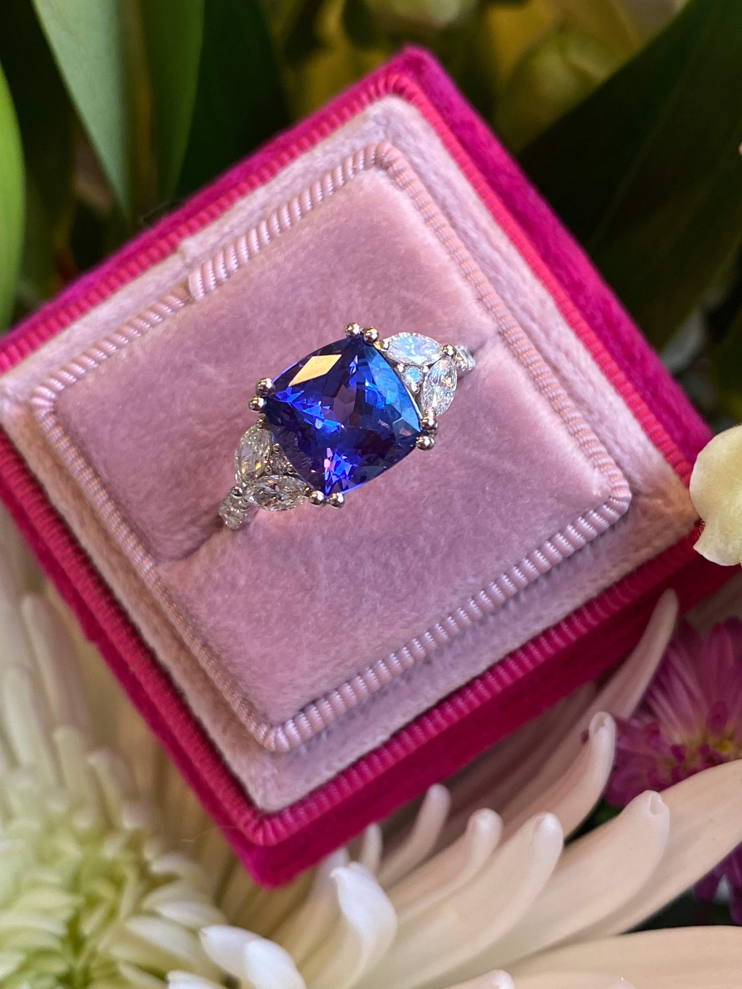 3.76 CTW Cushion Cut Tanzanite and Diamond Ring in Platinum