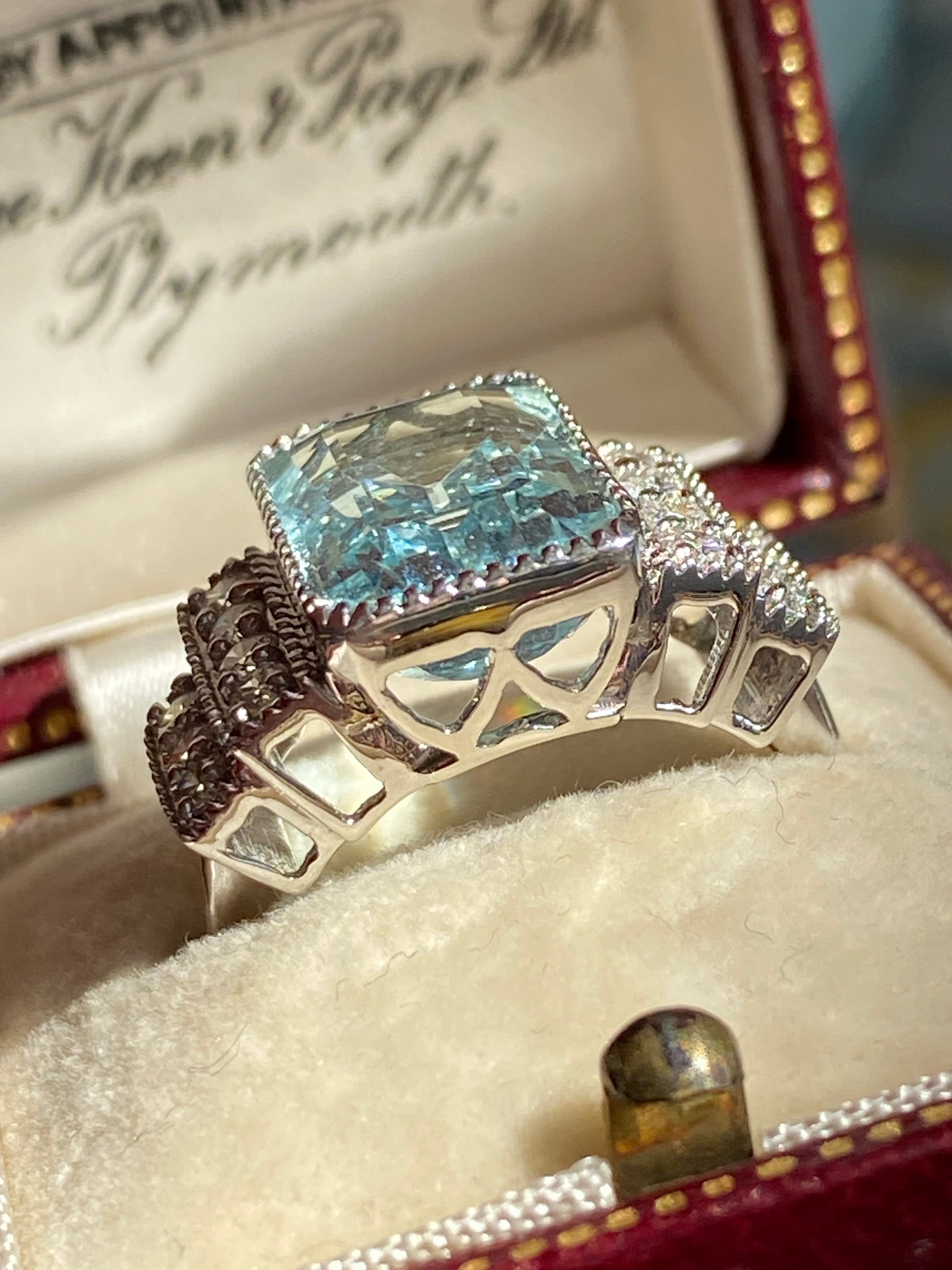 6.29 CTW Art Deco Style Aquamarine and Diamond Ring in 18ct White Gold