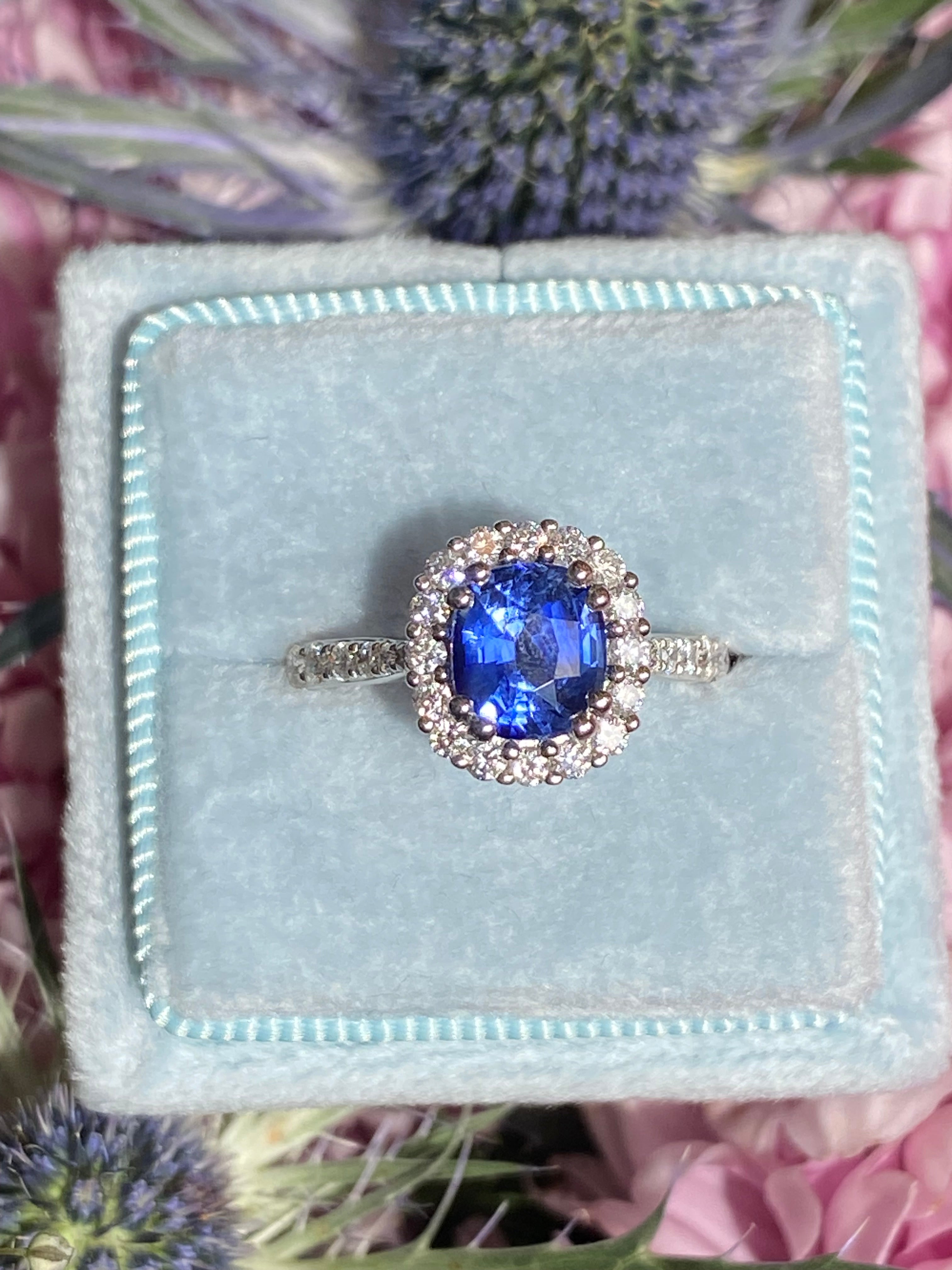 2.17 CTW Blue Ceylon Sapphire and Natural Diamond Three Stone Engagement Ring in Platinum