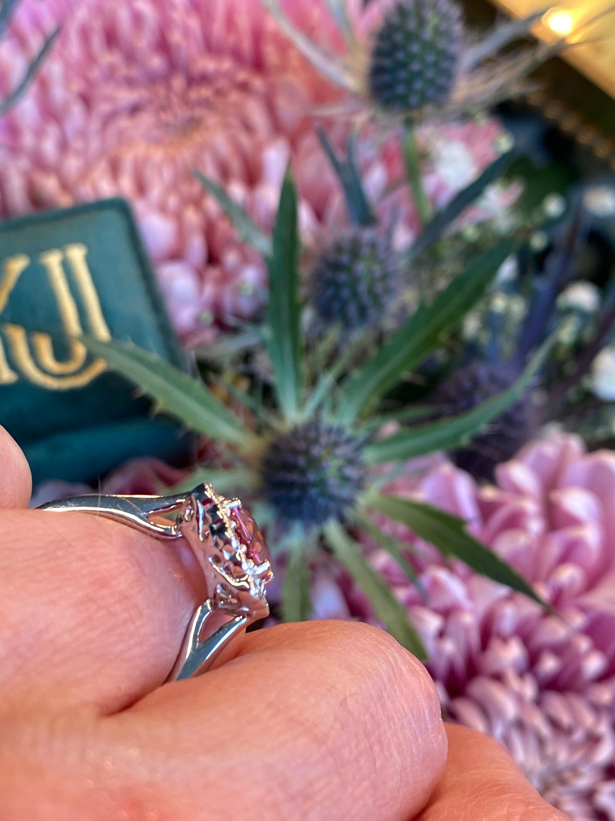 1.58 Carat Cushion Cut Pink Tourmaline and Natural Diamond Ring in Platinum