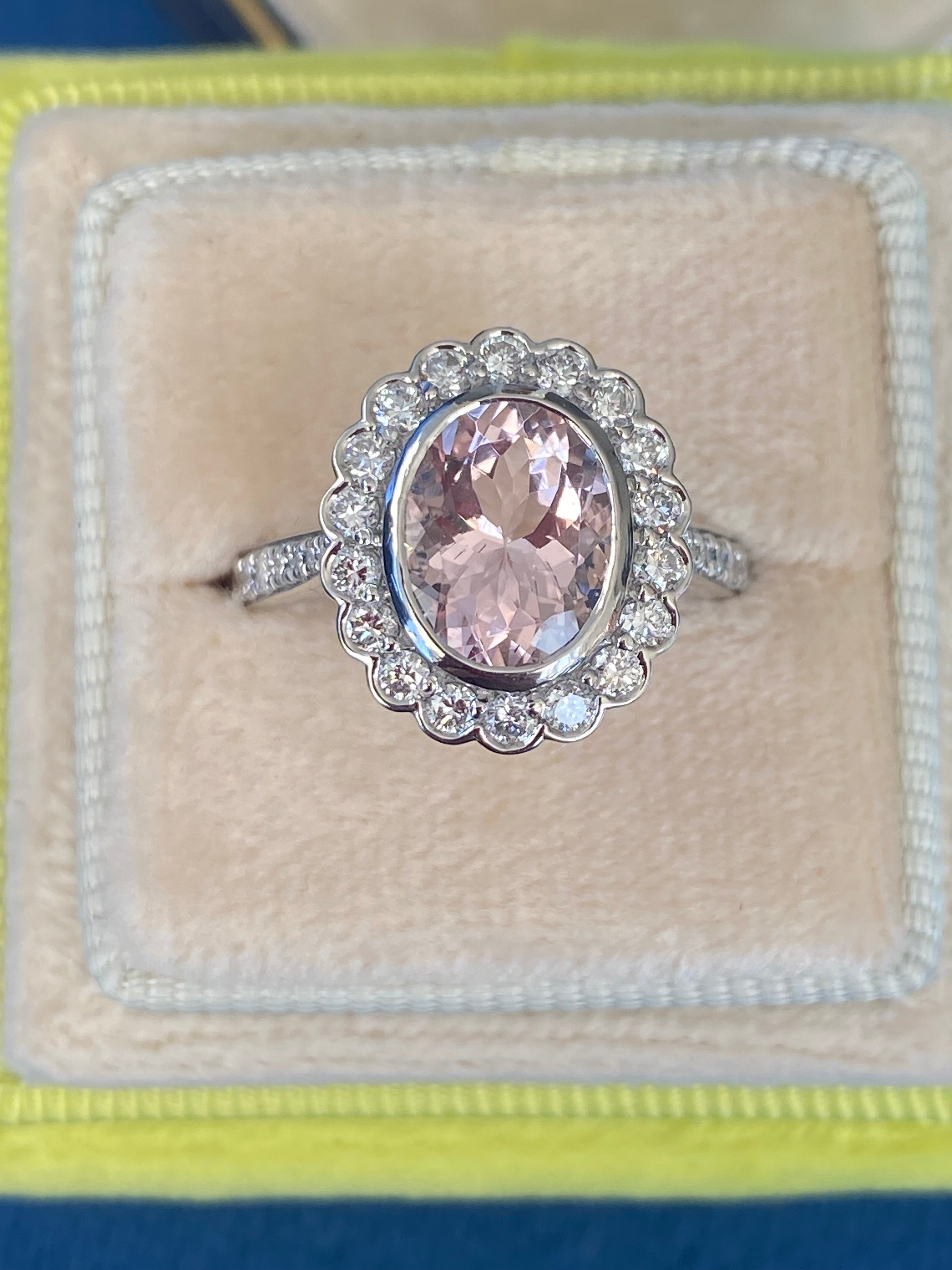 1.76 Carat Morganite and Natural Diamond Cluster Ring in Platinum