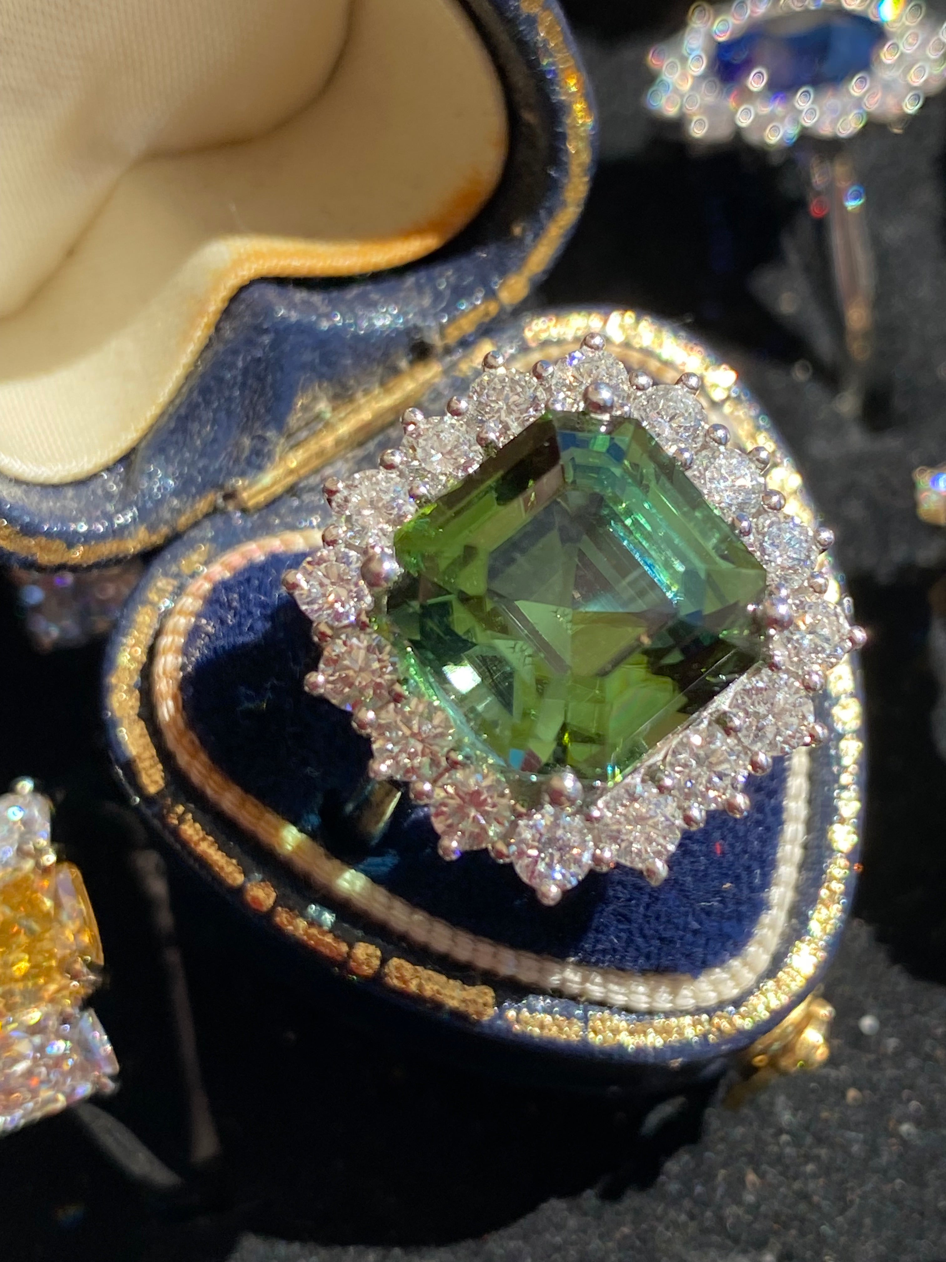 8.44 Carat Asscher Cut Green Tourmaline and 1.38ctw Natural Diamond Ring in Platinum