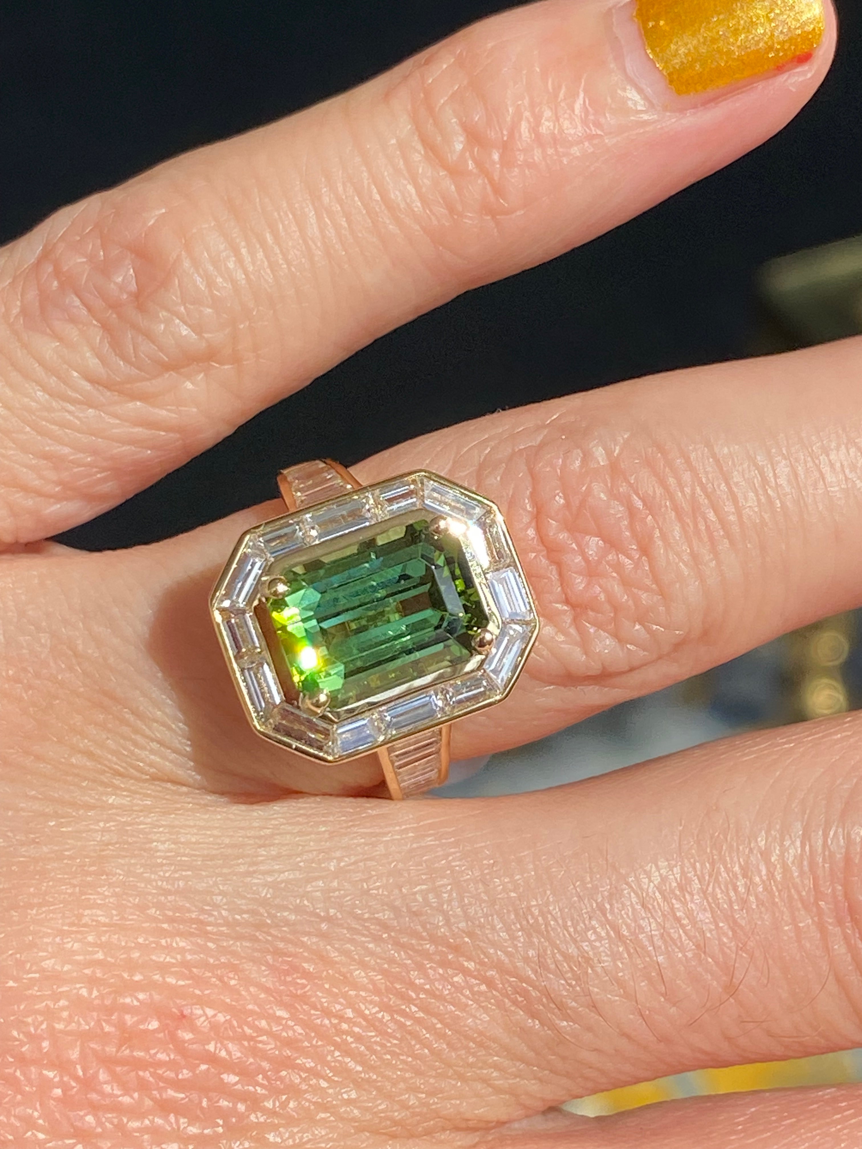 3.85 Carat Green Tourmaline and 1.84ctw Natural Diamond Ring in 18ct Yellow Gold