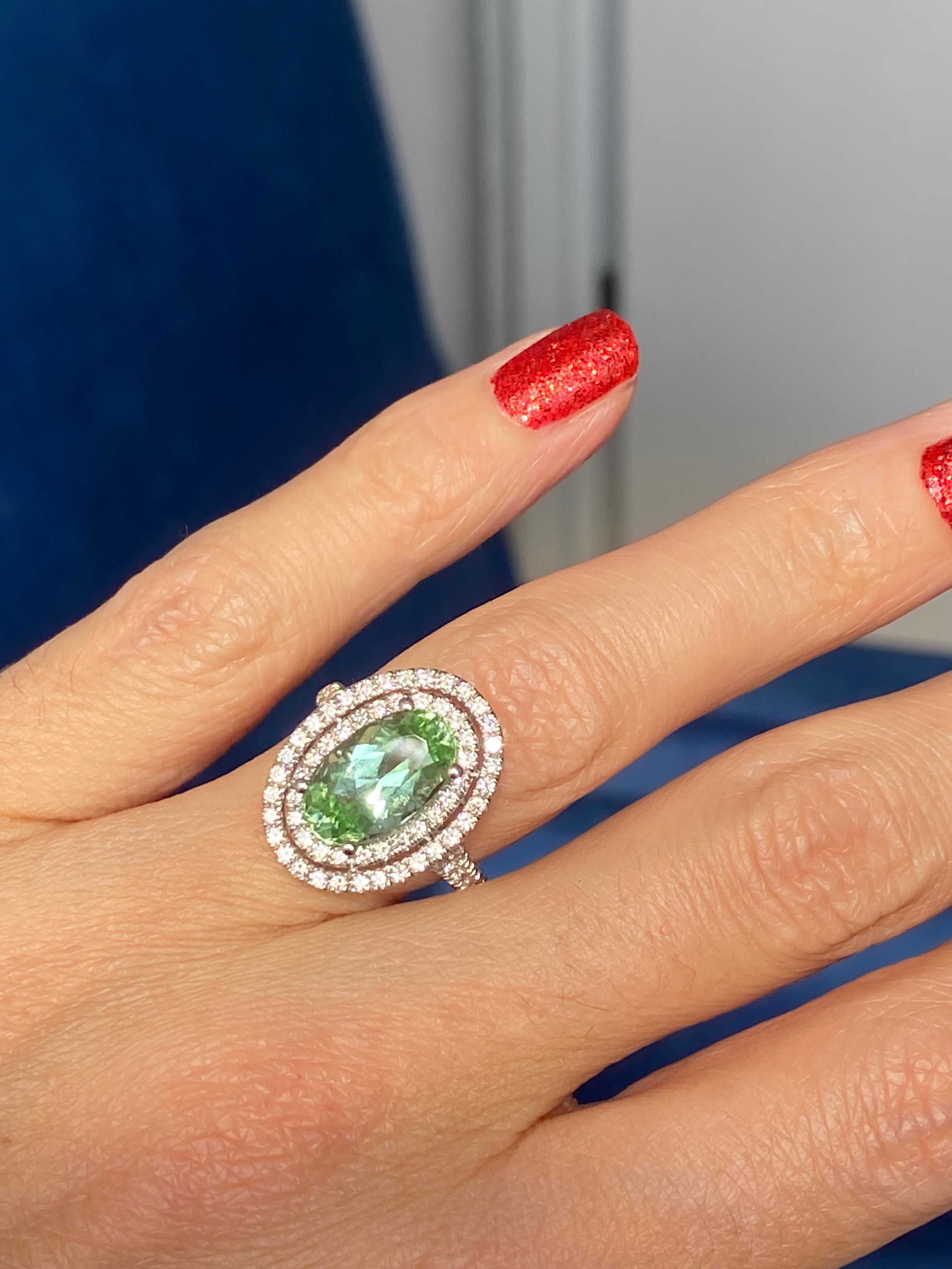 4.77 CTW Magical Mint Tourmaline and Natural Diamond Double Halo Ring in Platinum