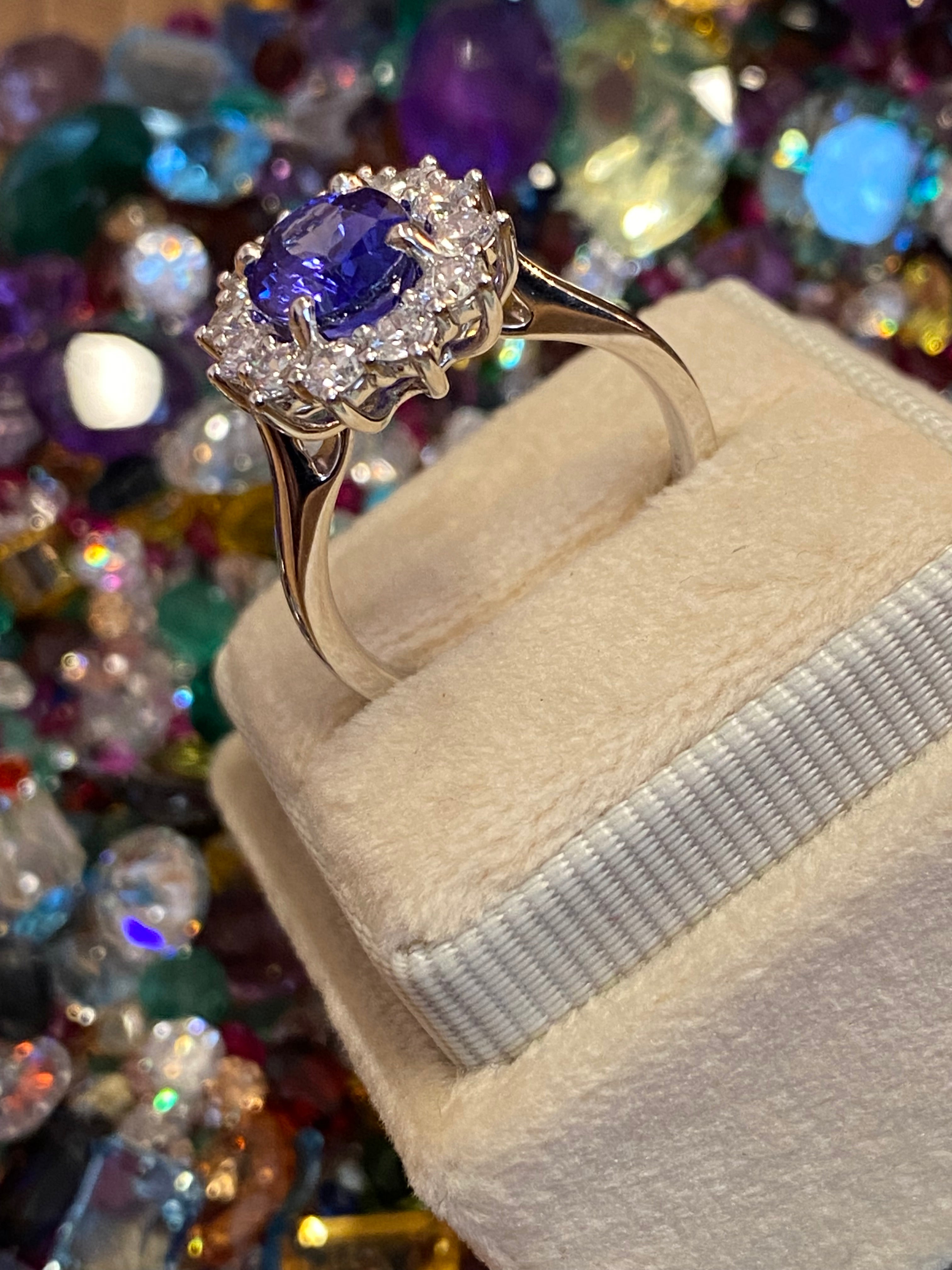 2.37 Carat Oval Cut Tanzanite and 0.93 ctw Natural Diamond Ring in Platinum