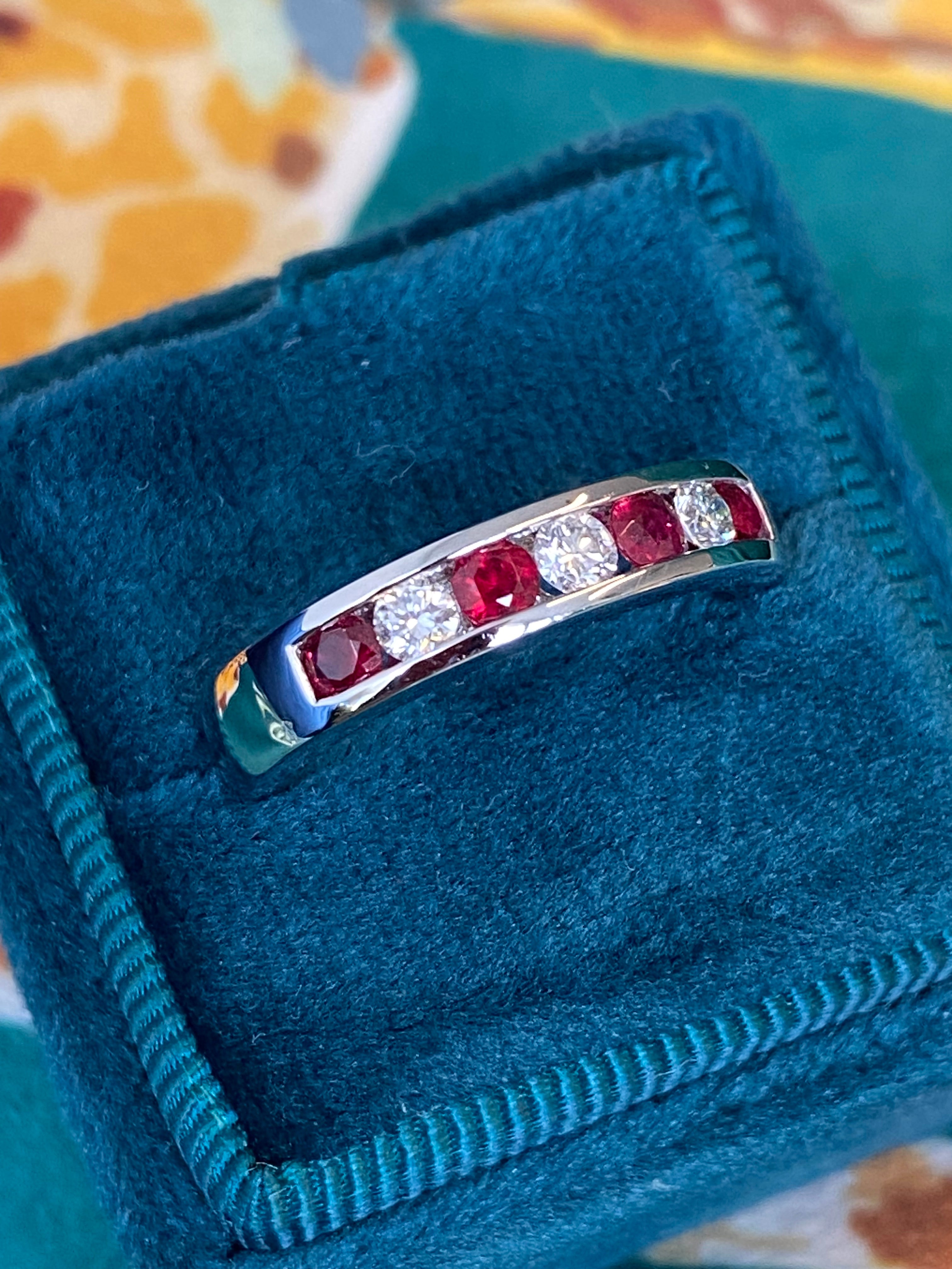 Ruby and Natural Diamond Seven Stone Channel Set Eternity Ring in Platinum