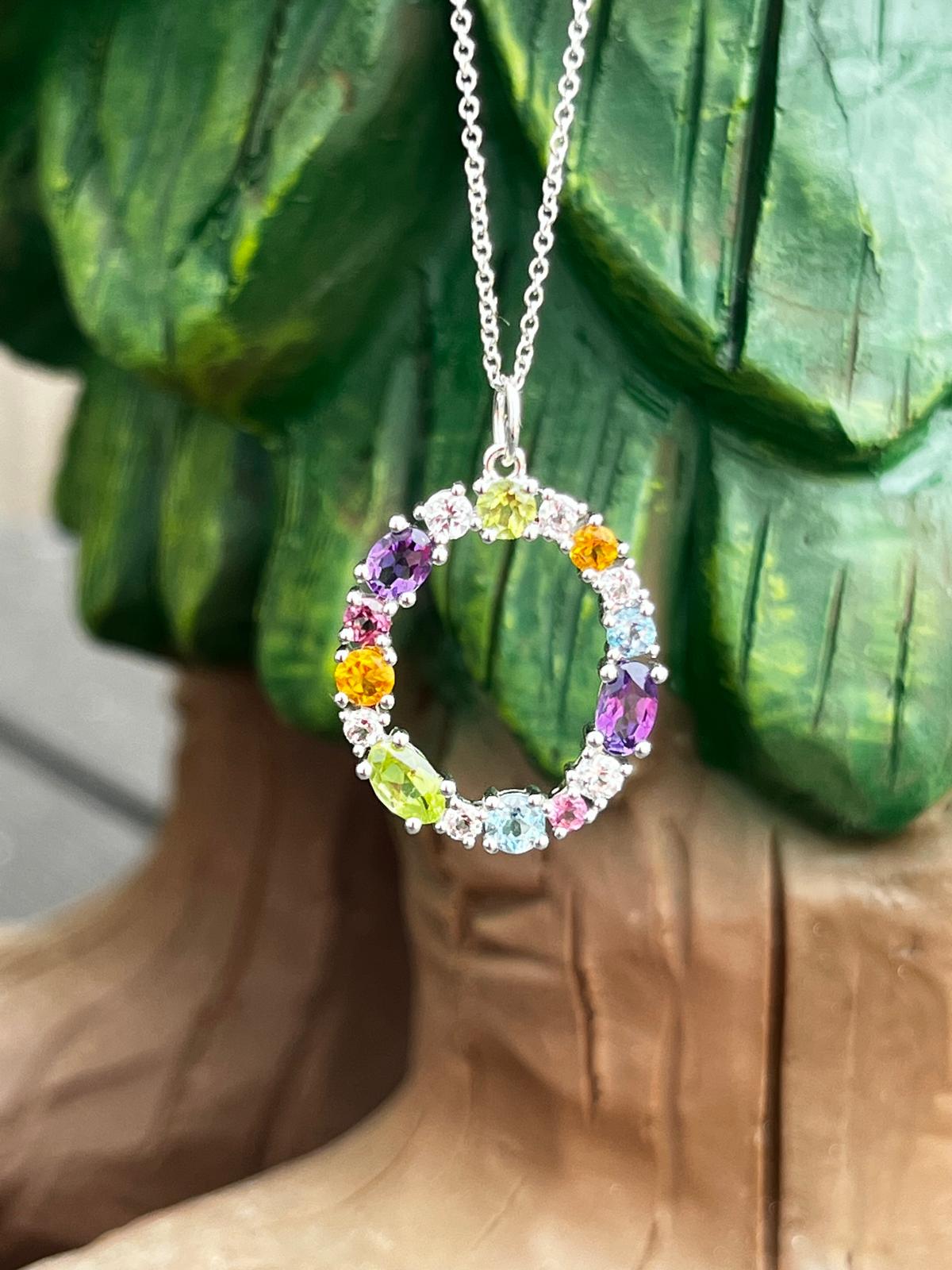 1.61 CTW Peridot, Pink Sapphire, Blue Topaz, Citrine, Amethyst, and Diamond Pendant Necklace in 18ct White Gold