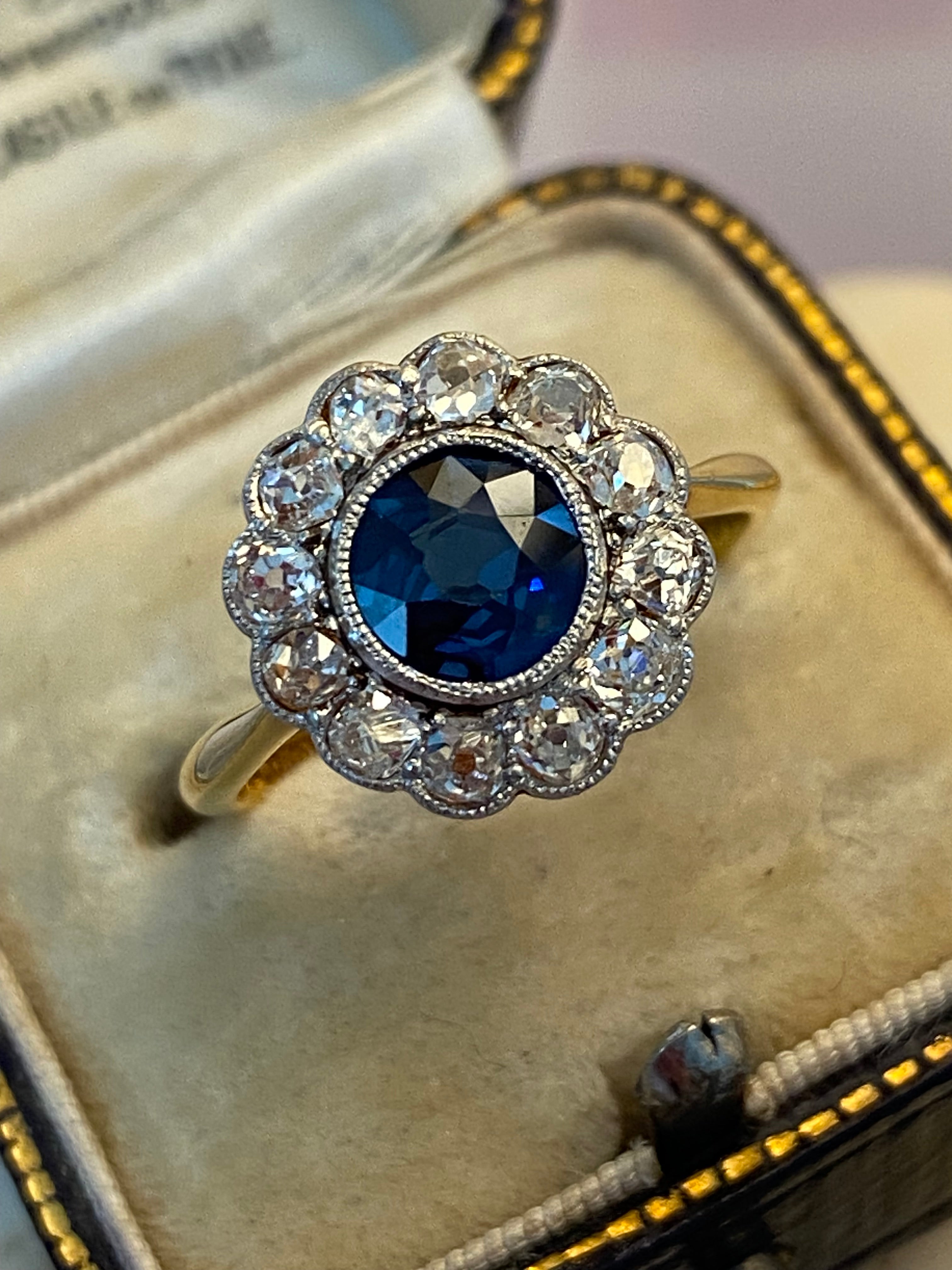 2.25 CTW Antique Edwardian Old Cut Sapphire and Diamond Daisy Ring in 18ct Gold and Platinum