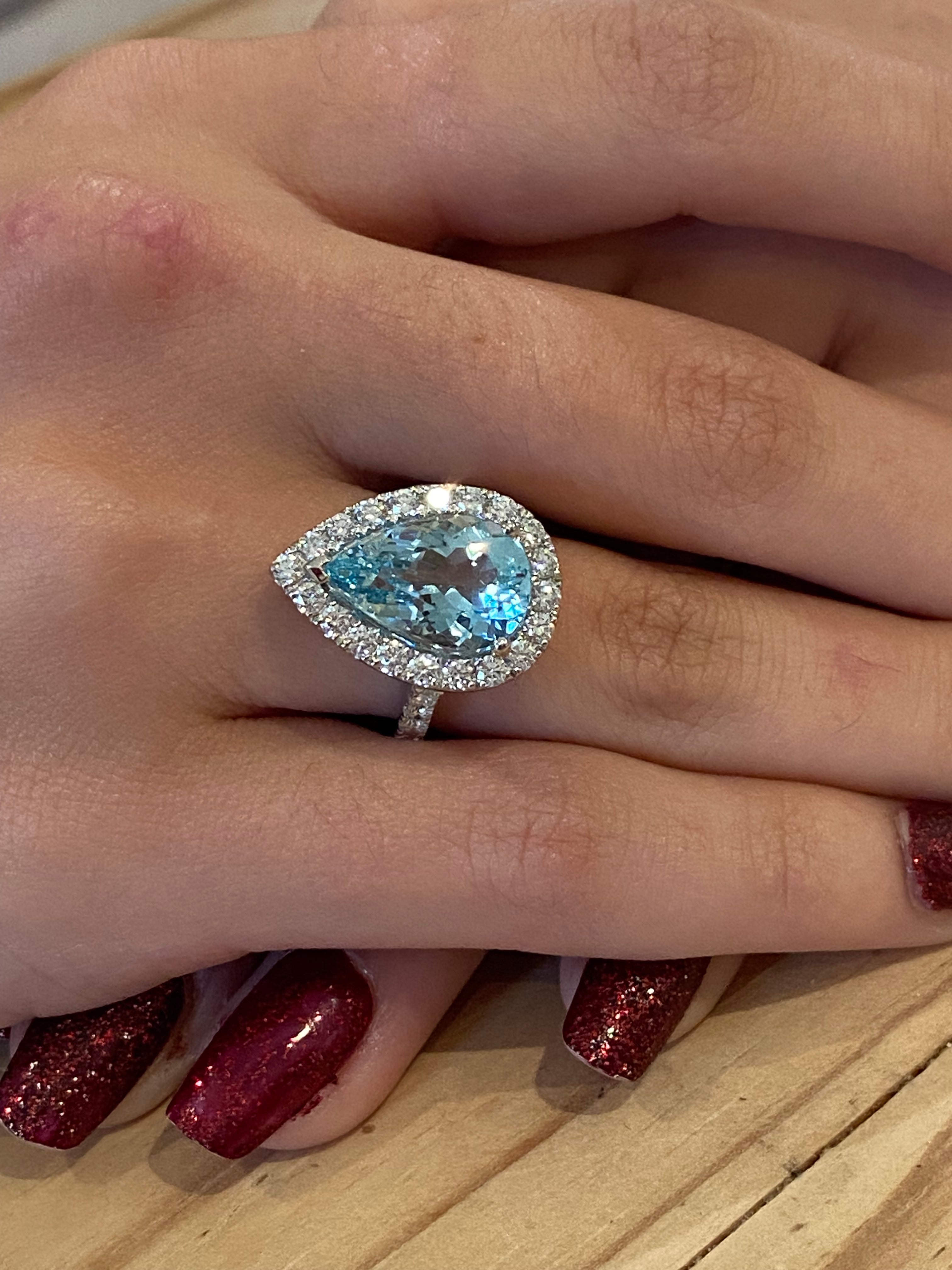 5.36 Carat Pear Cut Aquamarine and 1.38ctw Natural Diamond Ring in Platinum