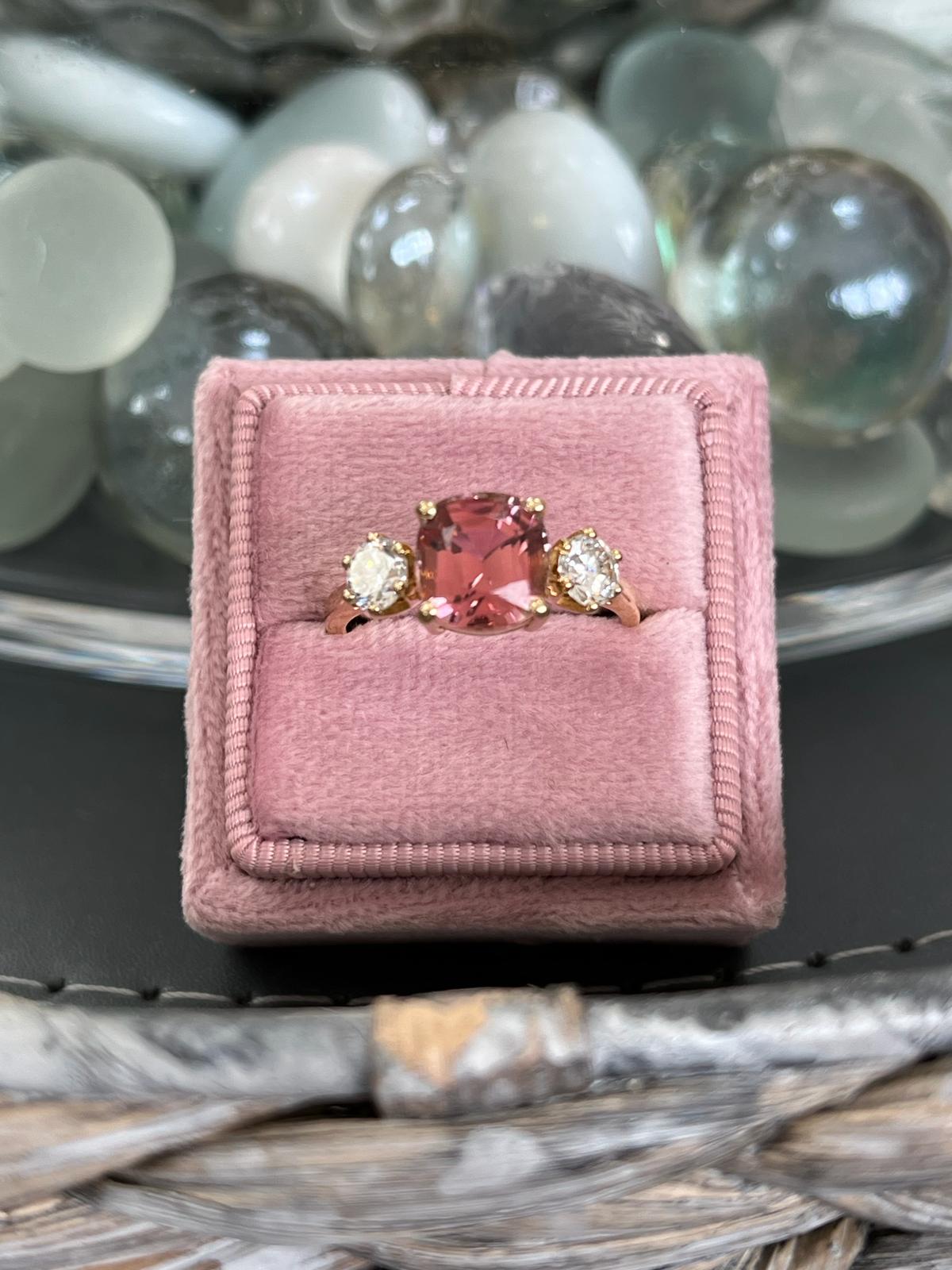 3.12ctw Pink Tourmaline and Natural Diamond Three Stone Ring in 18ct Yellow Gold