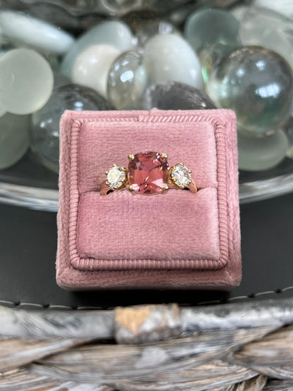 3.12ctw Pink Tourmaline and Natural Diamond Three Stone Ring in 18ct Yellow Gold