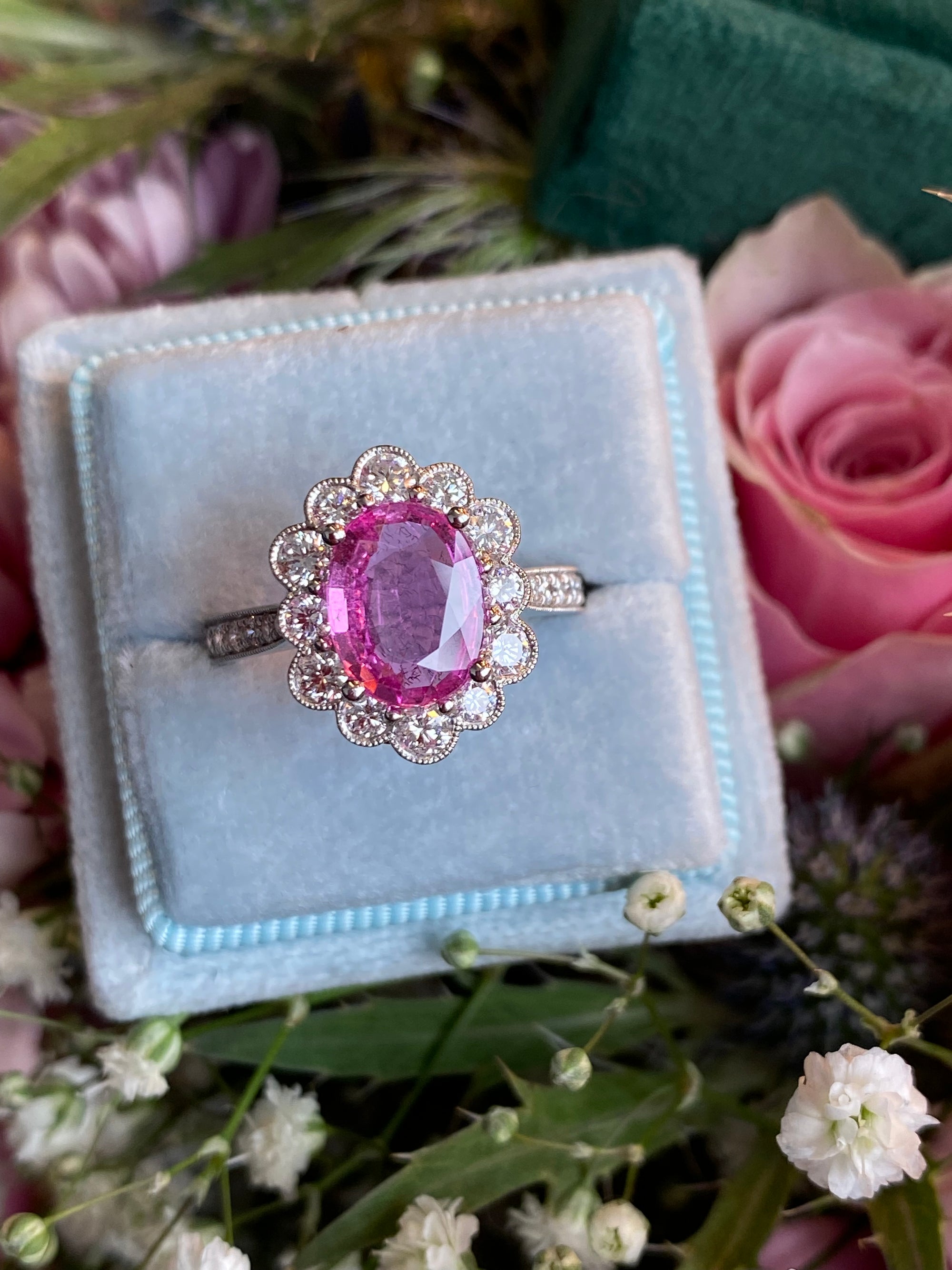 2.92 CTW Oval Cut Pink Sapphire and Natural Diamond Halo Engagement Ring in Platinum