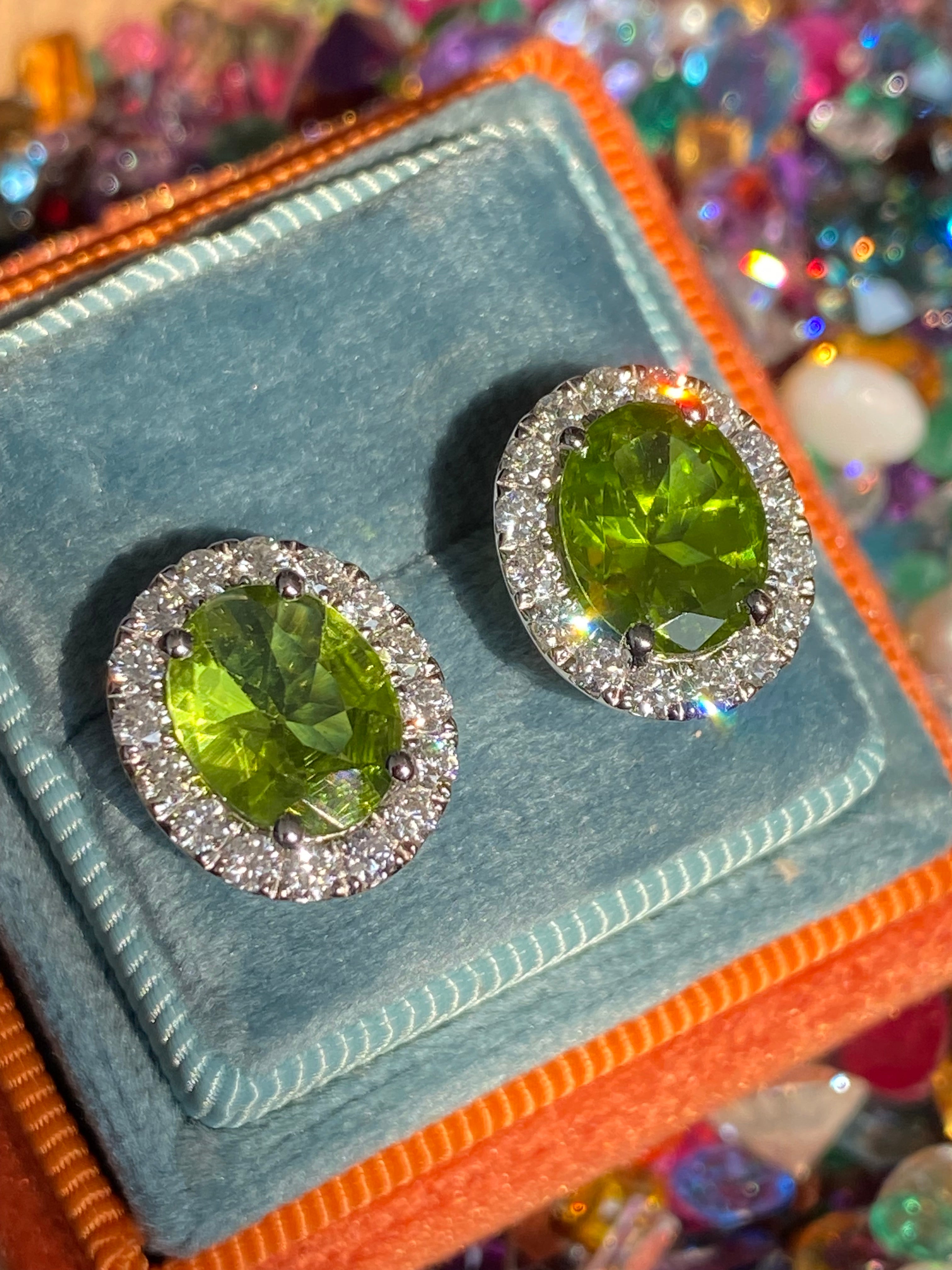 5.63 CTW Peridot and Natural Diamond Stud Earrings in 9ct White Gold