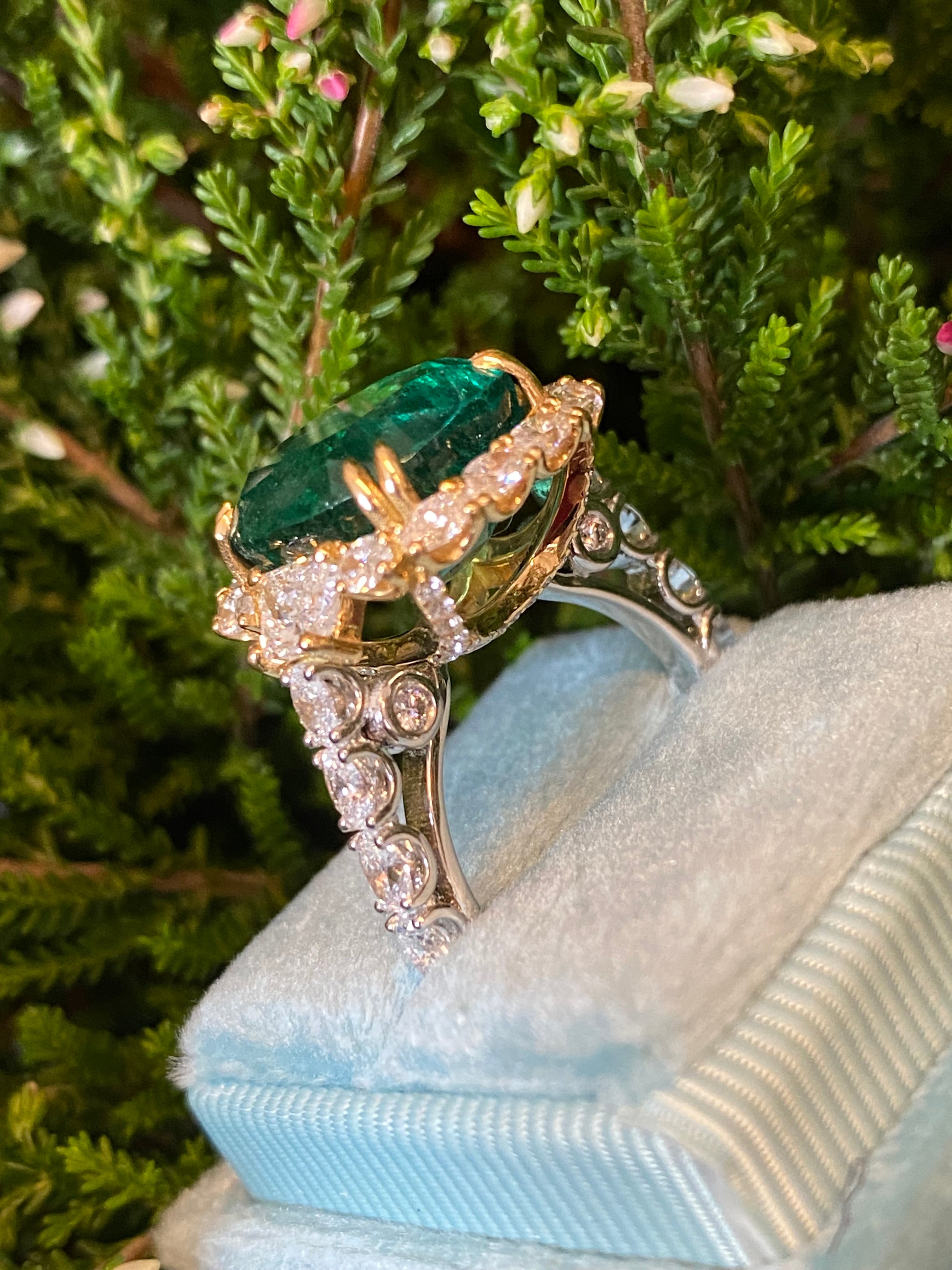 8.75 Carat Cushion Cut Zambian Emerald and 2.53 CTW Natural Diamond Halo Ring in Platinum and 18ct Yellow Gold