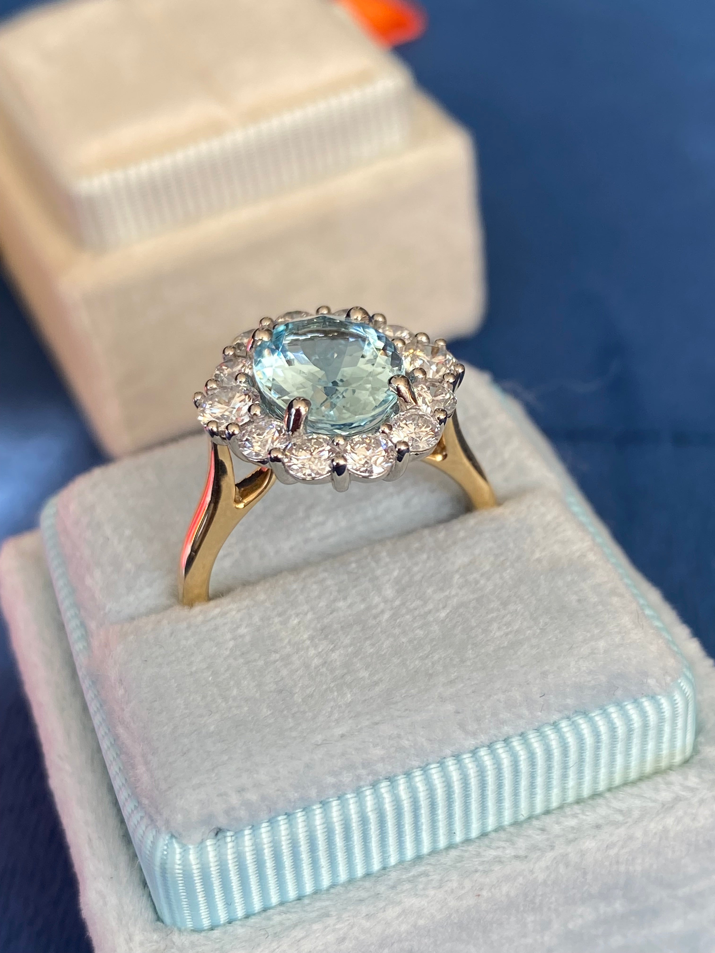 3.53 CTW Aquamarine and Natural Diamond Halo Ring in Platinum and 18ct Yellow Gold