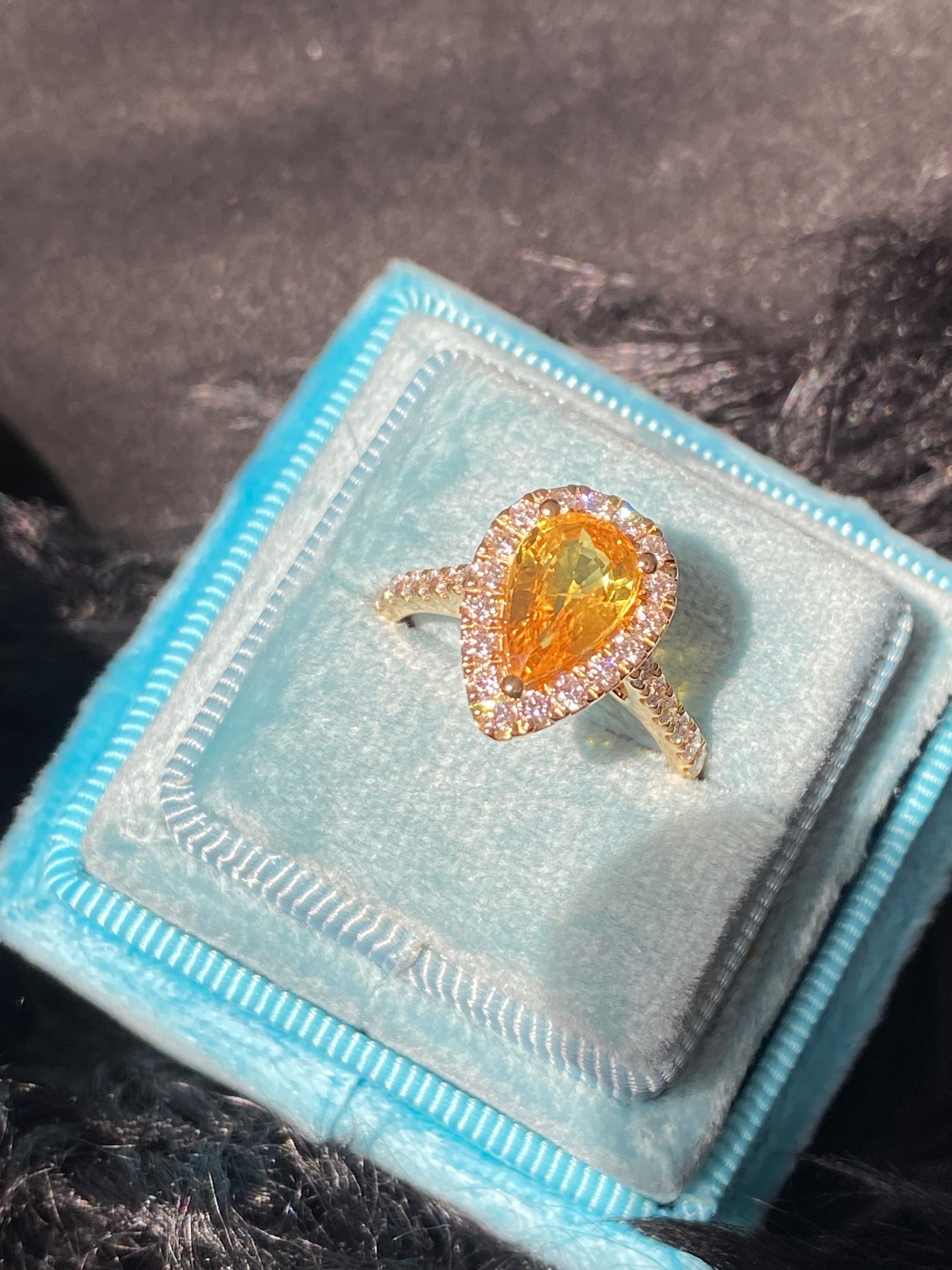 2.72 CTW Pear Cut Orange Sapphire and Natural Diamond Ring in 18ct Yellow Gold
