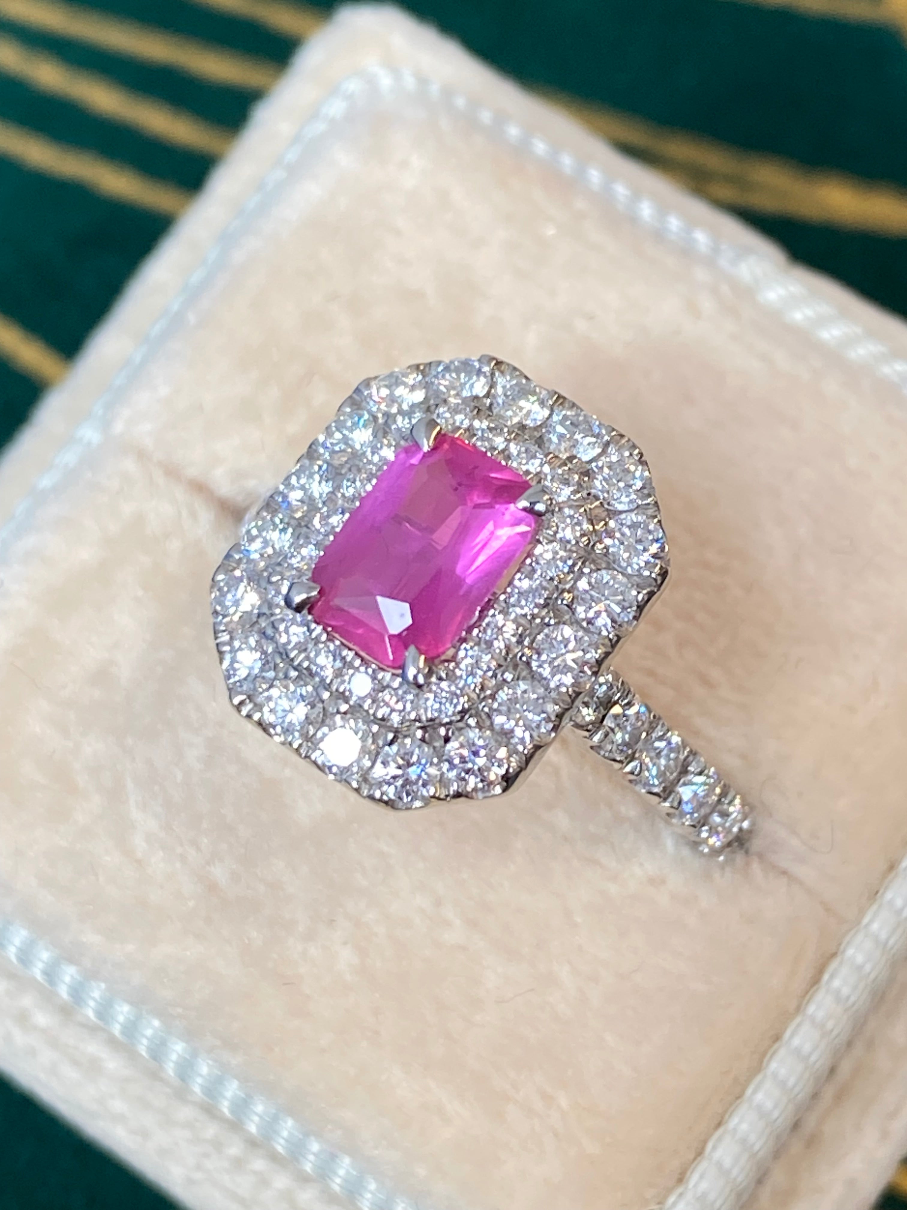 1.75 CTW Radiant Cut Pink Sapphire and Natural Diamond Double Halo Ring in Platinum