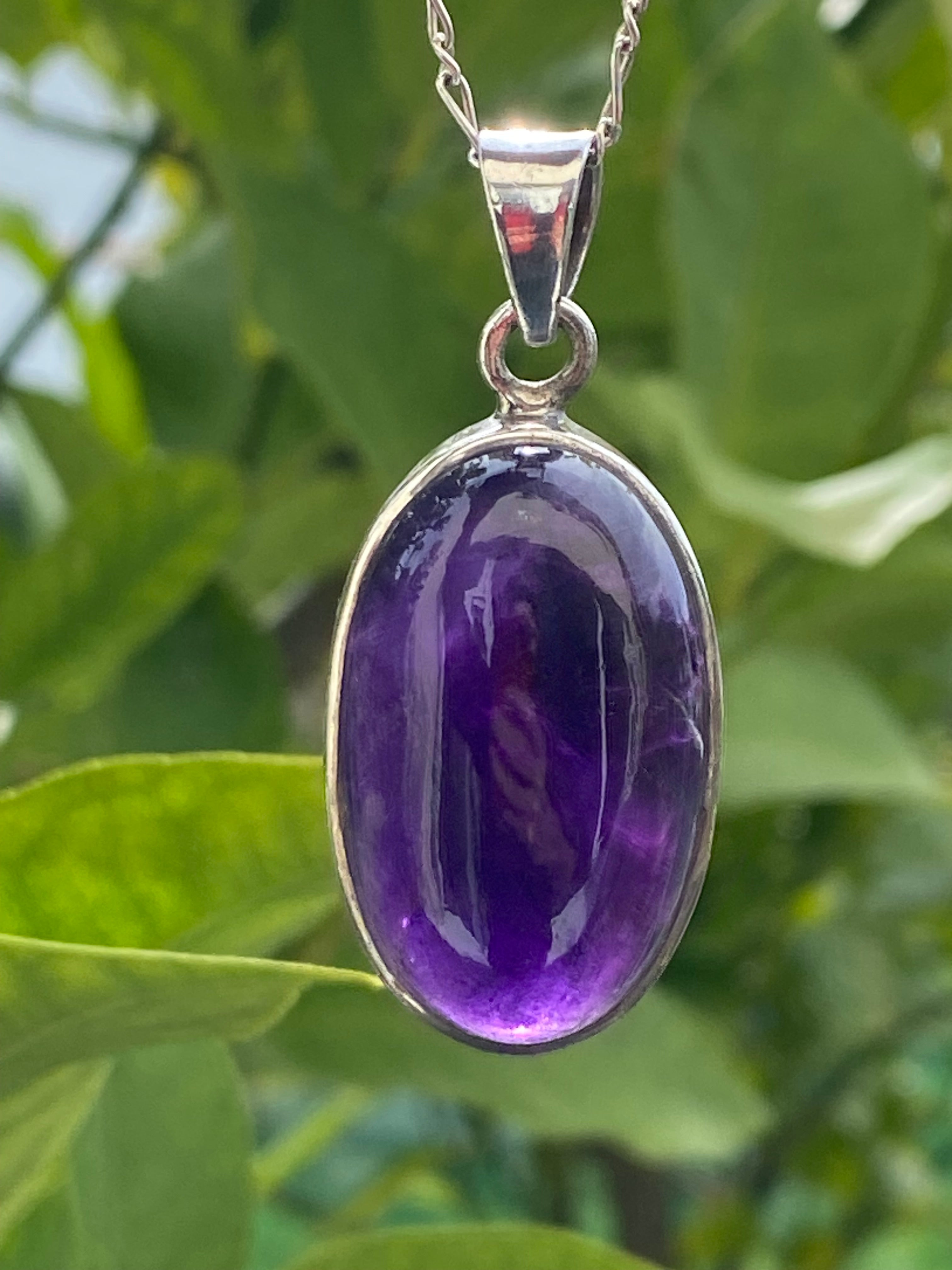 Huge Vintage Cabochon Amethyst Pendant Necklace Set in Sterling Silver