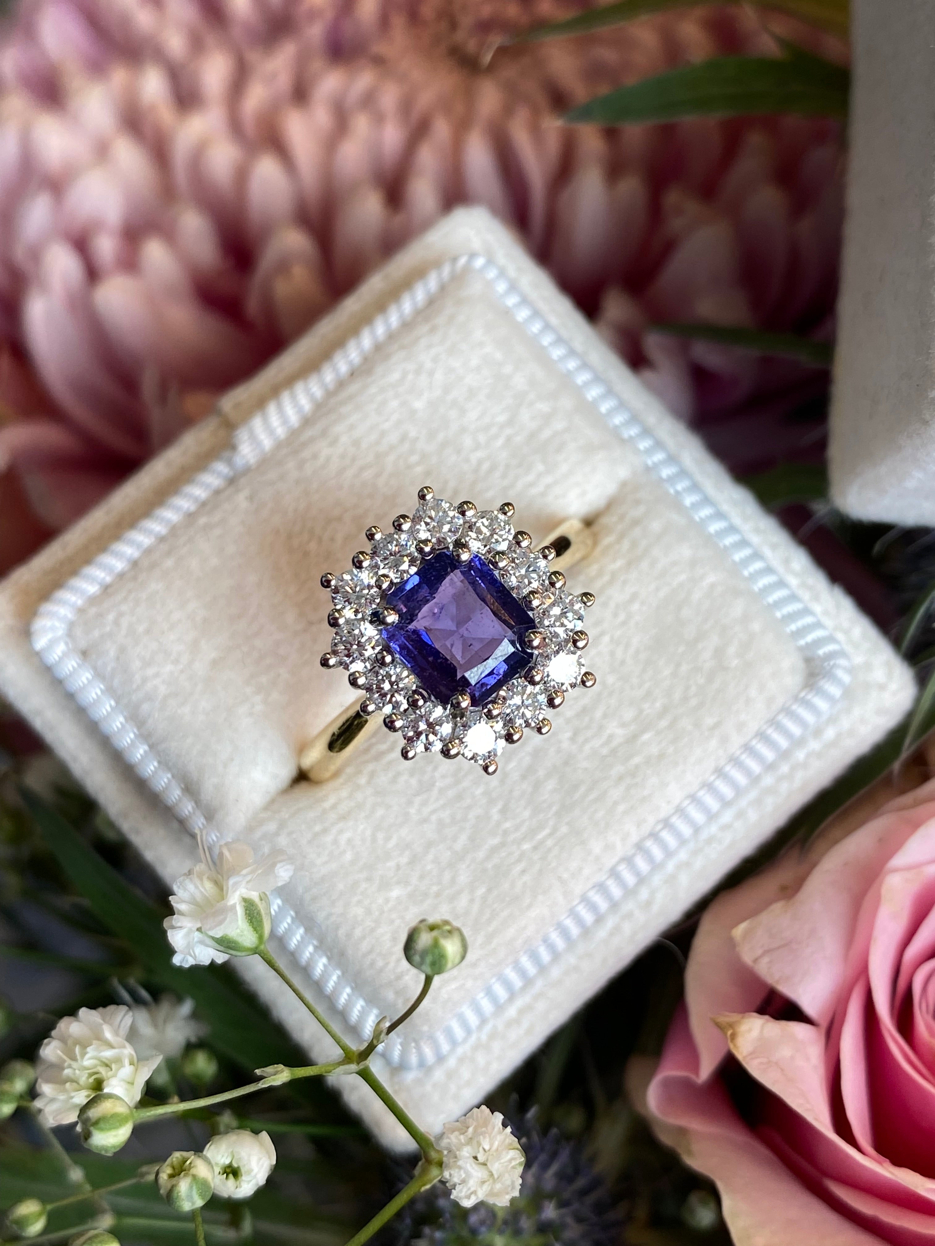 1.31 Carat Purple Sapphire and 0.60ctw Natural Diamond Halo Ring in Platinum and 18ct Gold