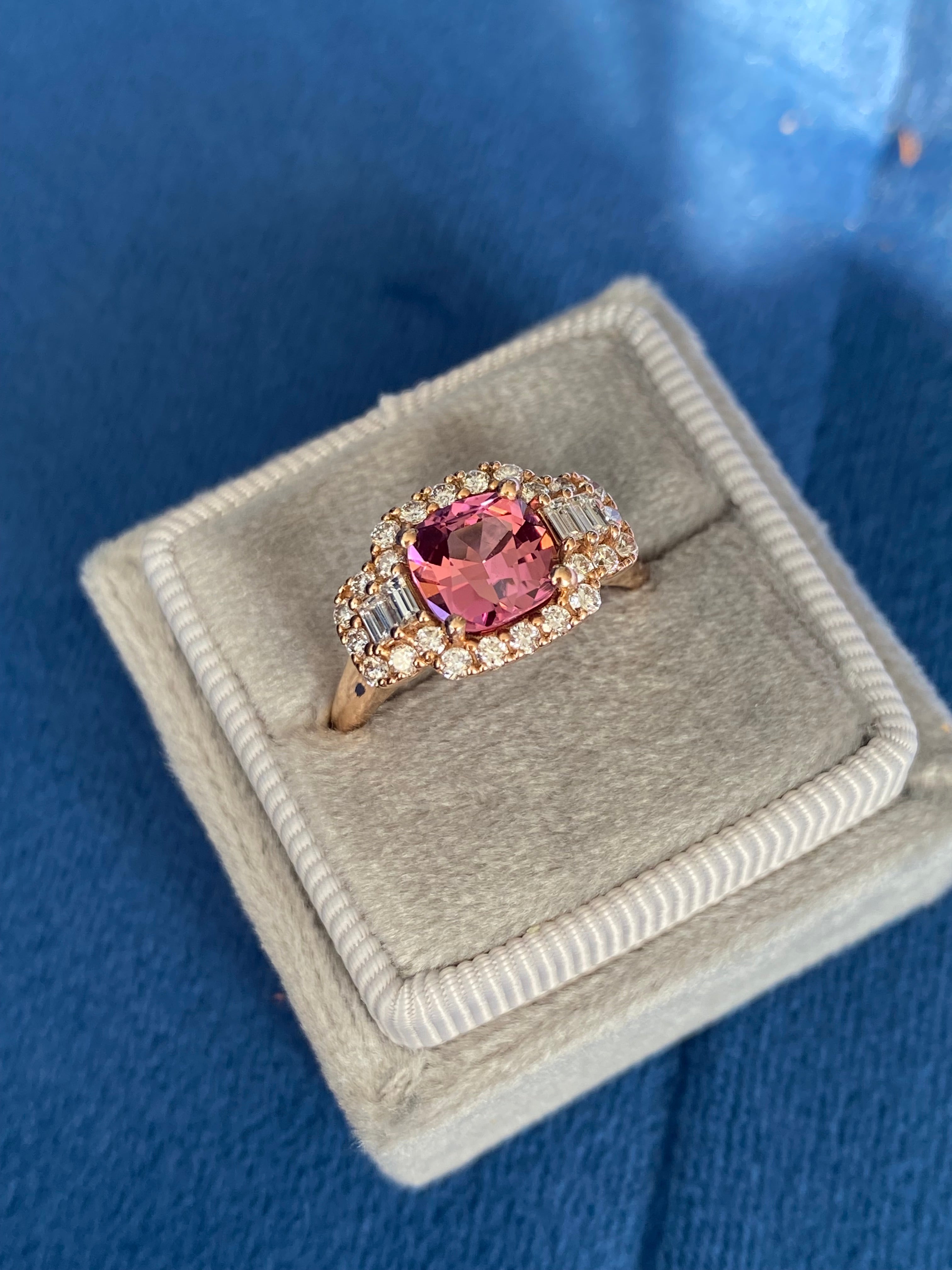 2.02 CTW Pink Tourmaline and Natural Diamond Three Stone Halo Ring in 18ct Rose Gold