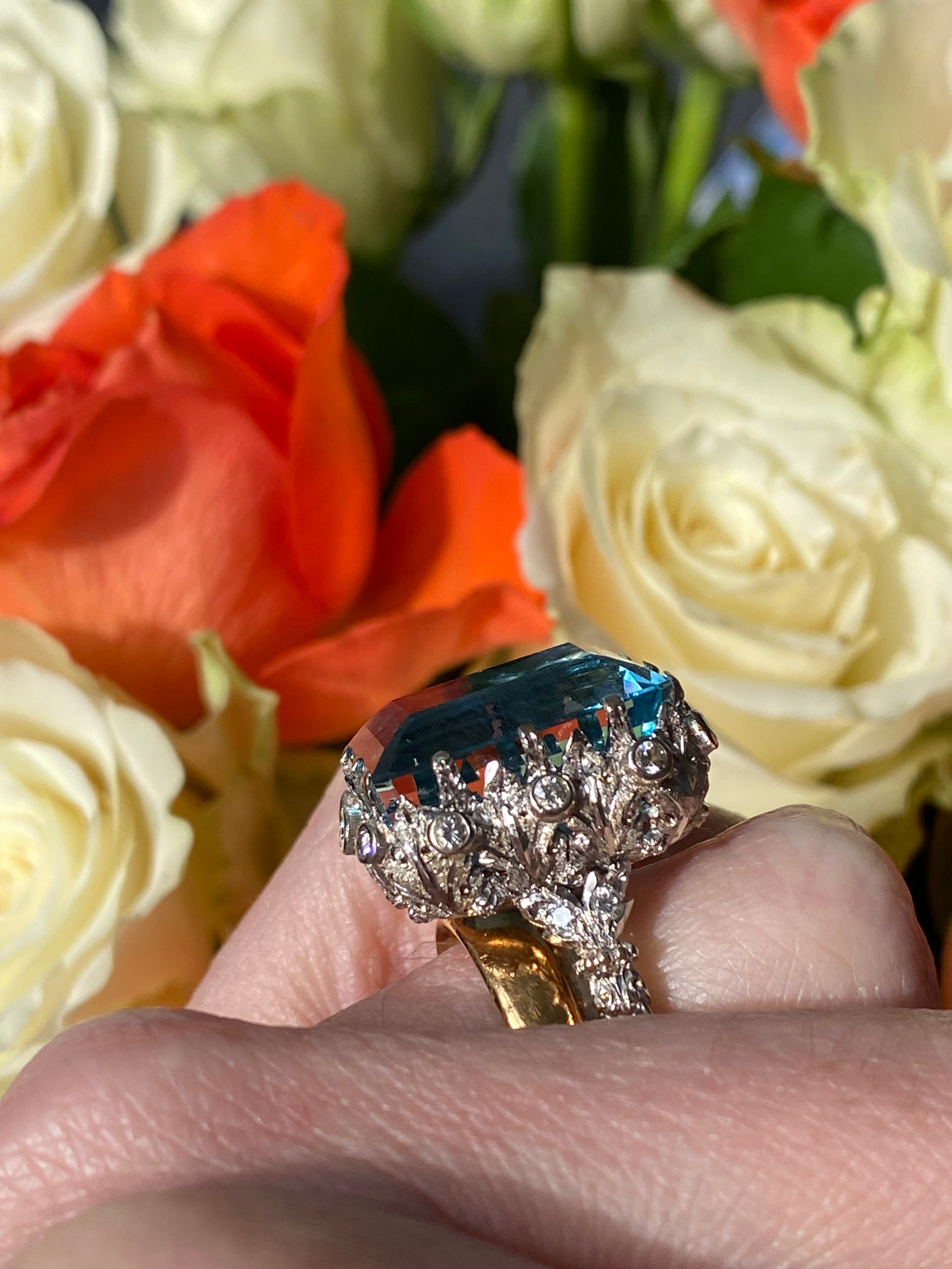 22.00 Carat Aquamarine and Diamond Vintage Cocktail Ring in 18ct White Gold