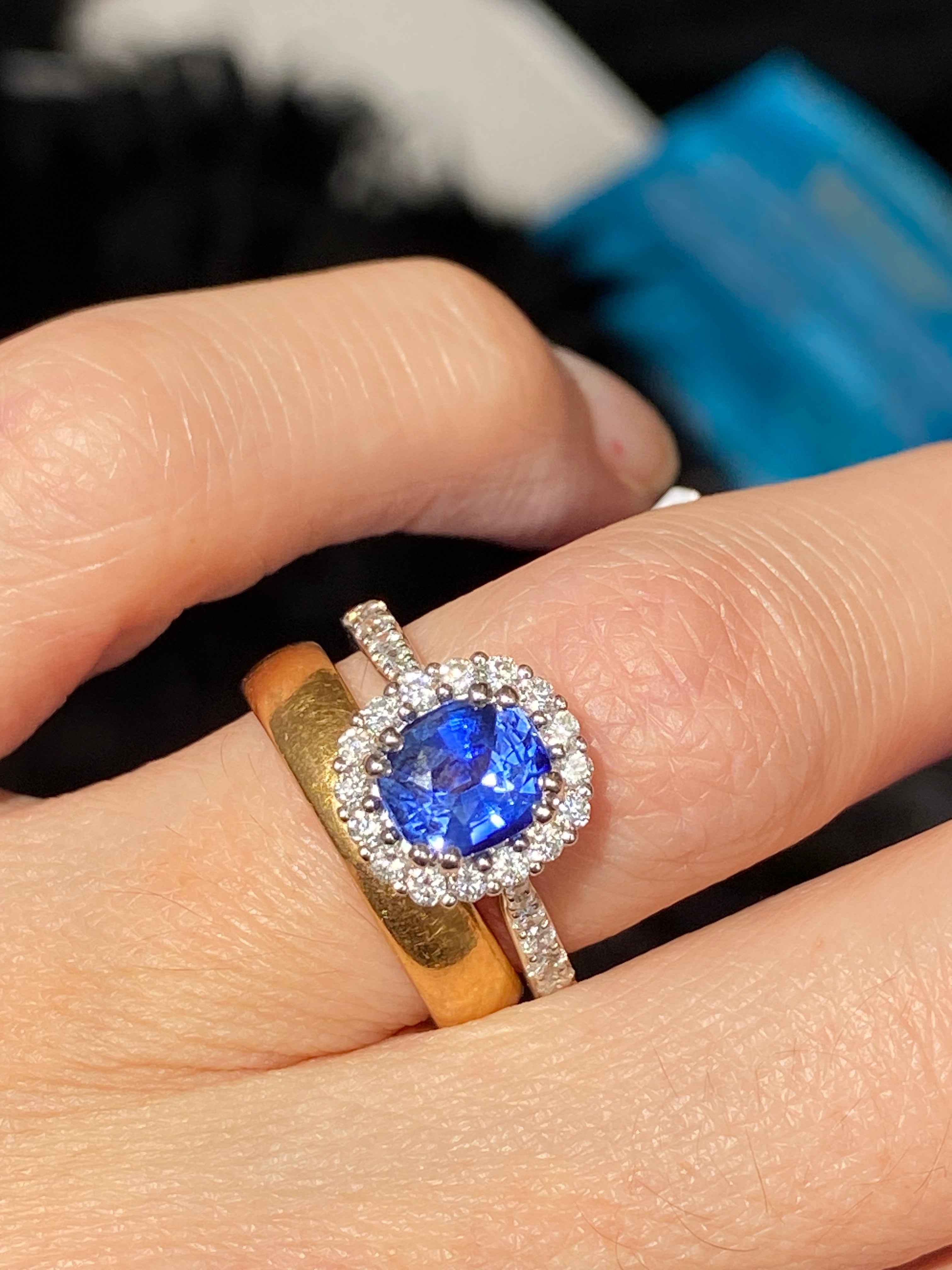 2.17 CTW Blue Ceylon Sapphire and Natural Diamond Three Stone Engagement Ring in Platinum