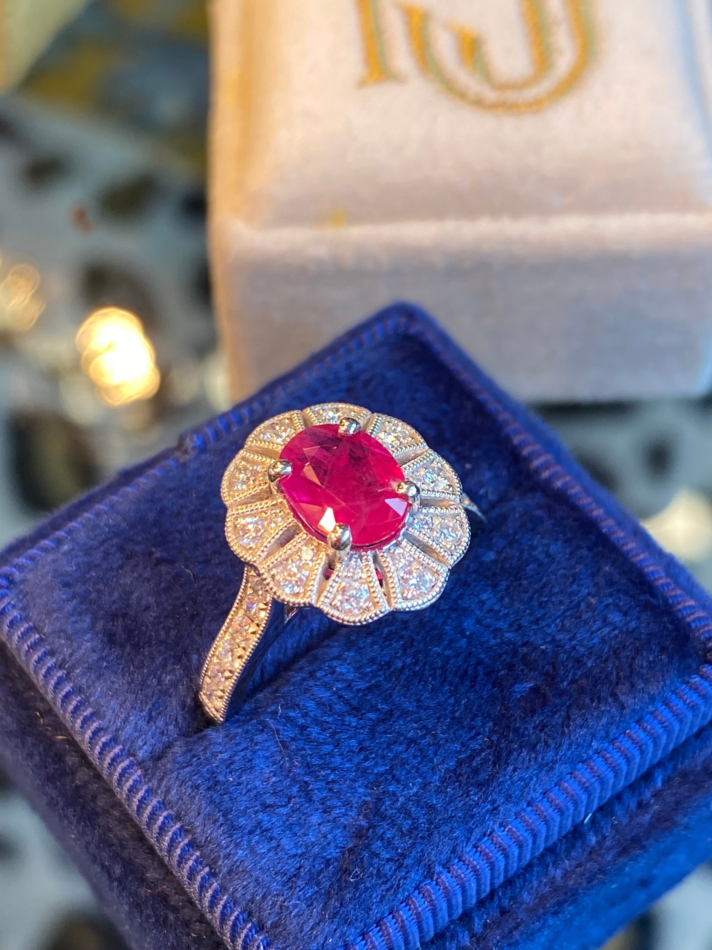 1.71 CTW Oval Cut Ruby and Diamond Art Deco Style Ring in Platinum