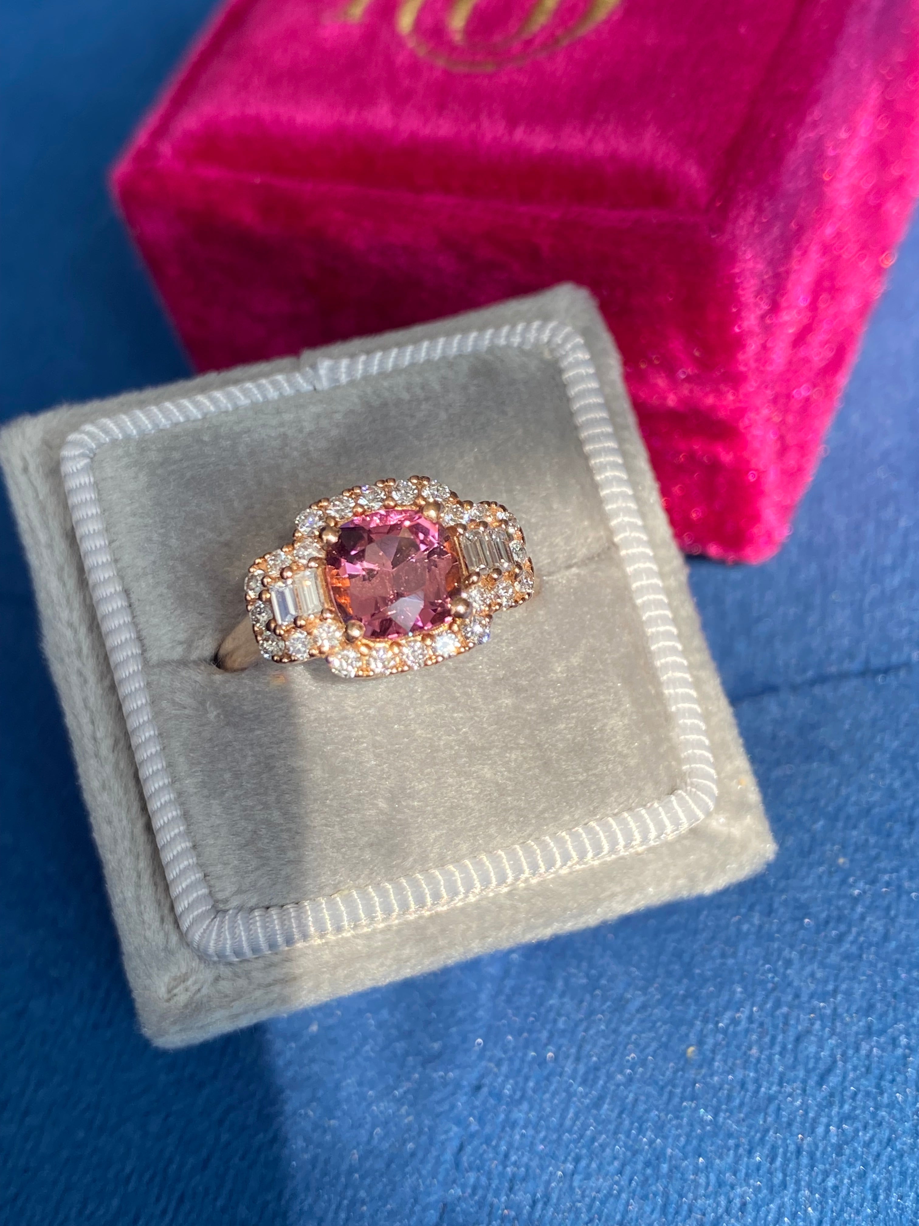 2.02 CTW Pink Tourmaline and Natural Diamond Three Stone Halo Ring in 18ct Rose Gold
