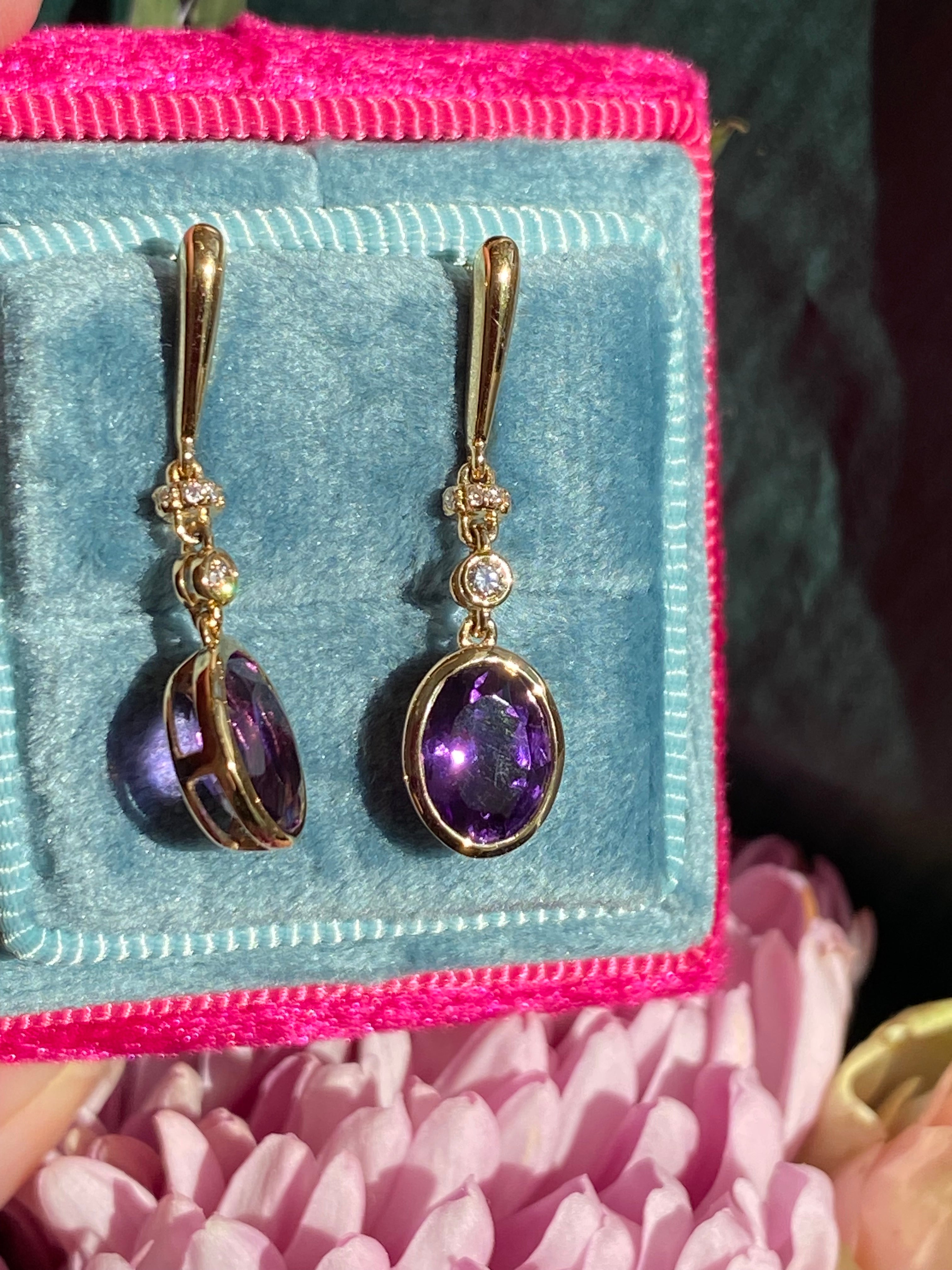 2.47 CTW Amethyst and Diamond Drop Earrings in 18ct Yellow Gold