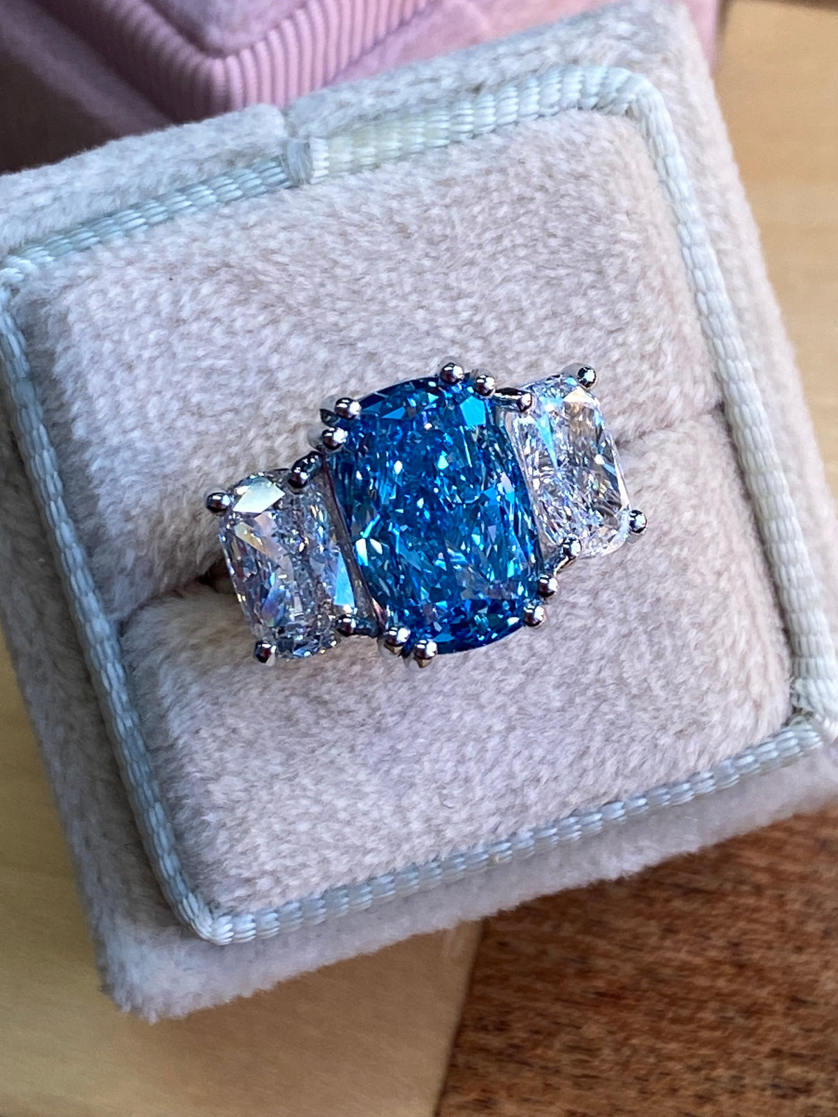 6.60 CTW Fancy Blue Cushion Cut Lab Diamond Graduated Three Stone Ring in Platinum