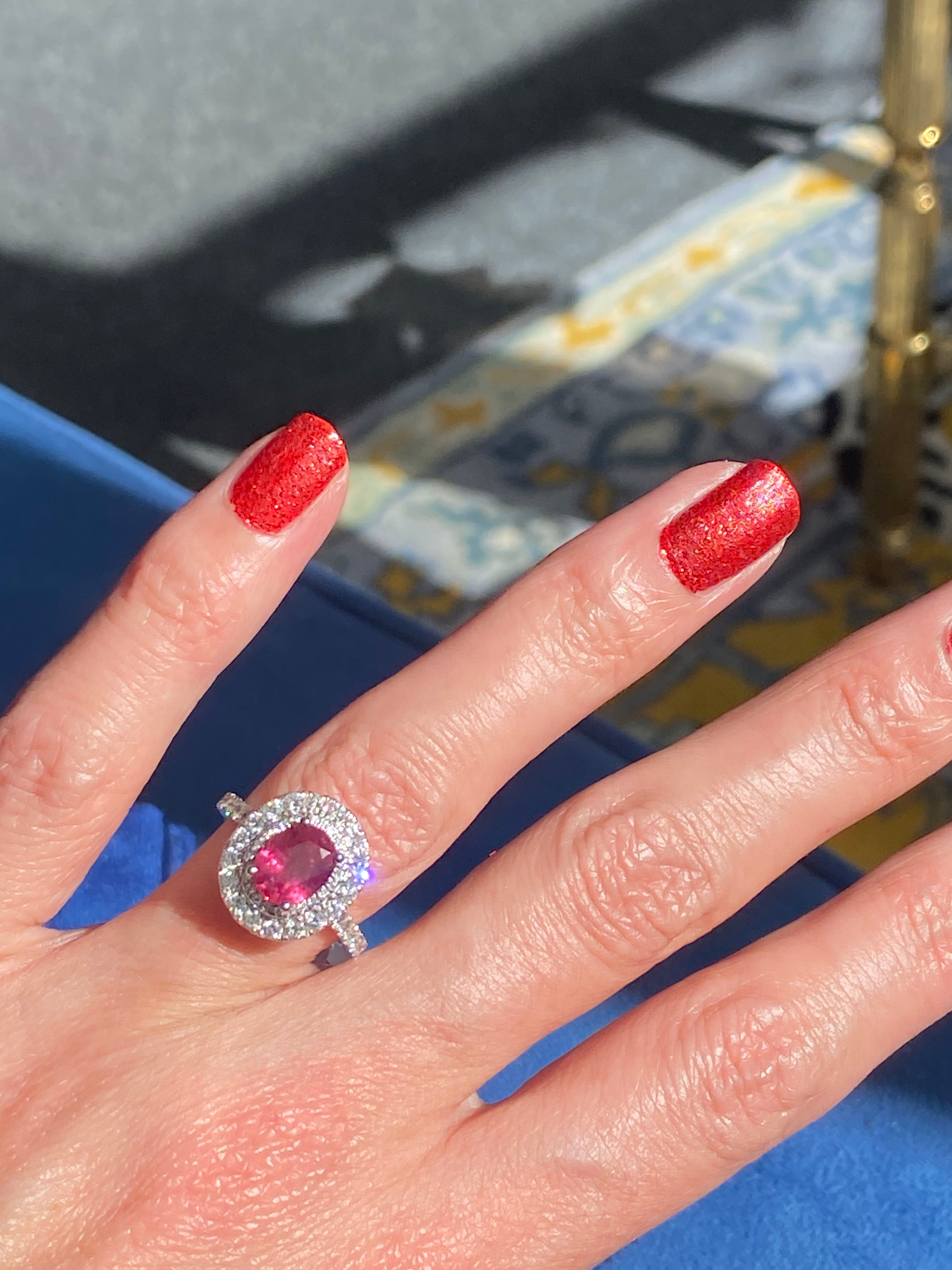 2.56 CTW Oval-Cut Ruby and Natural Diamond Double Halo Ring in Platinum