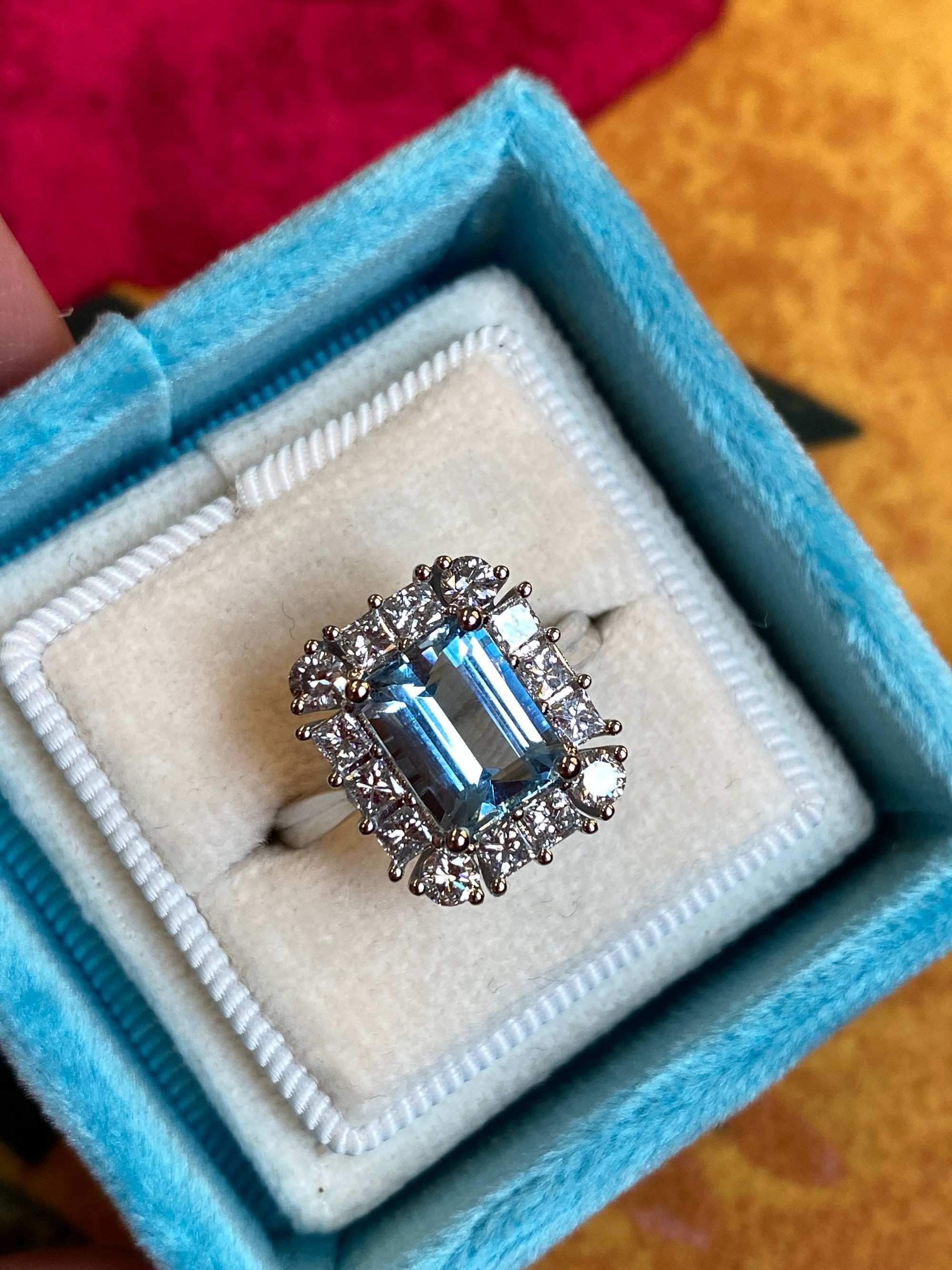 3.12 CTW Emerald Cut Aquamarine and Natural Diamond Halo Engagement Ring in Platinum