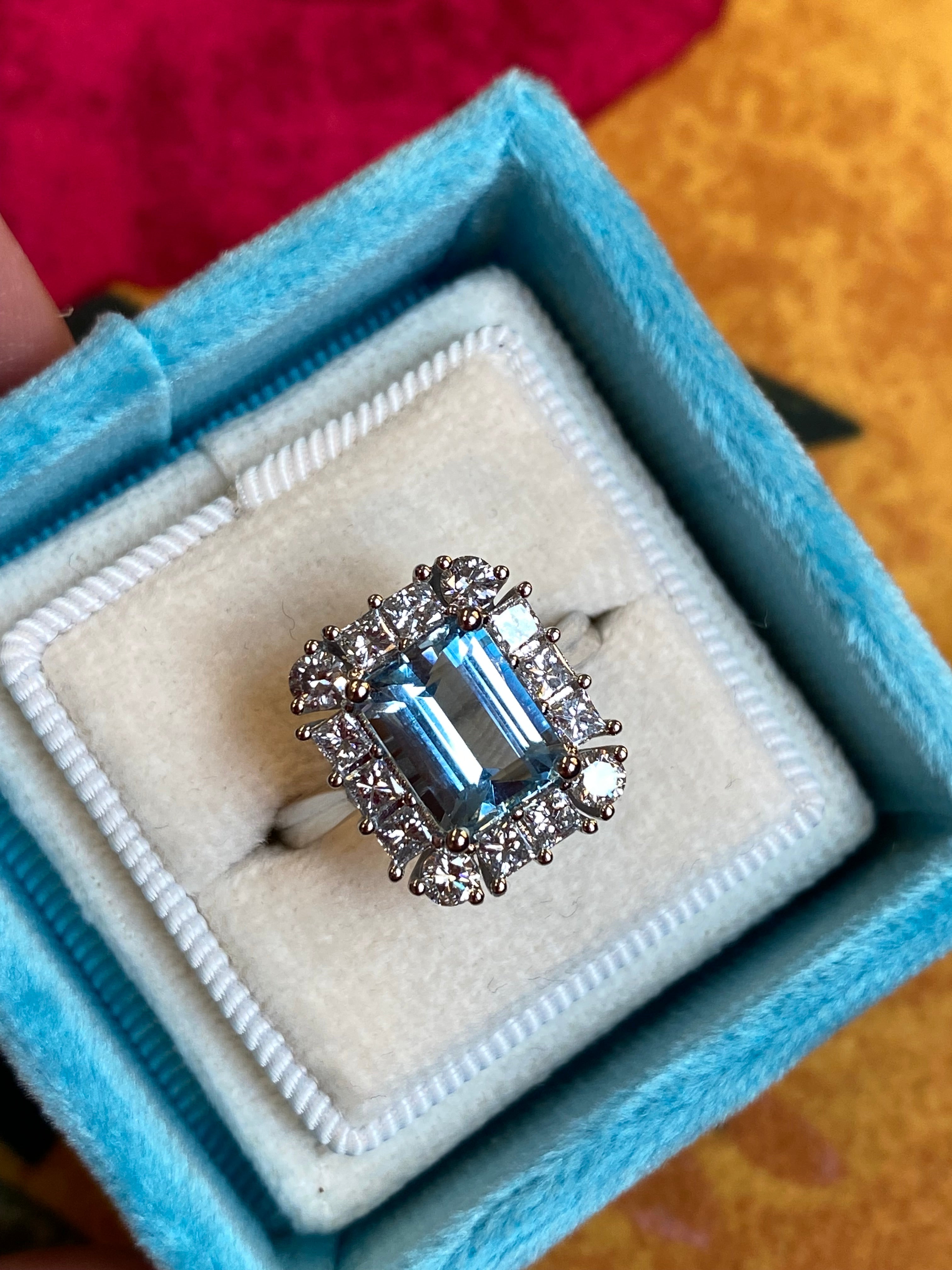 3.12 CTW Emerald Cut Aquamarine and Natural Diamond Halo Engagement Ring in Platinum