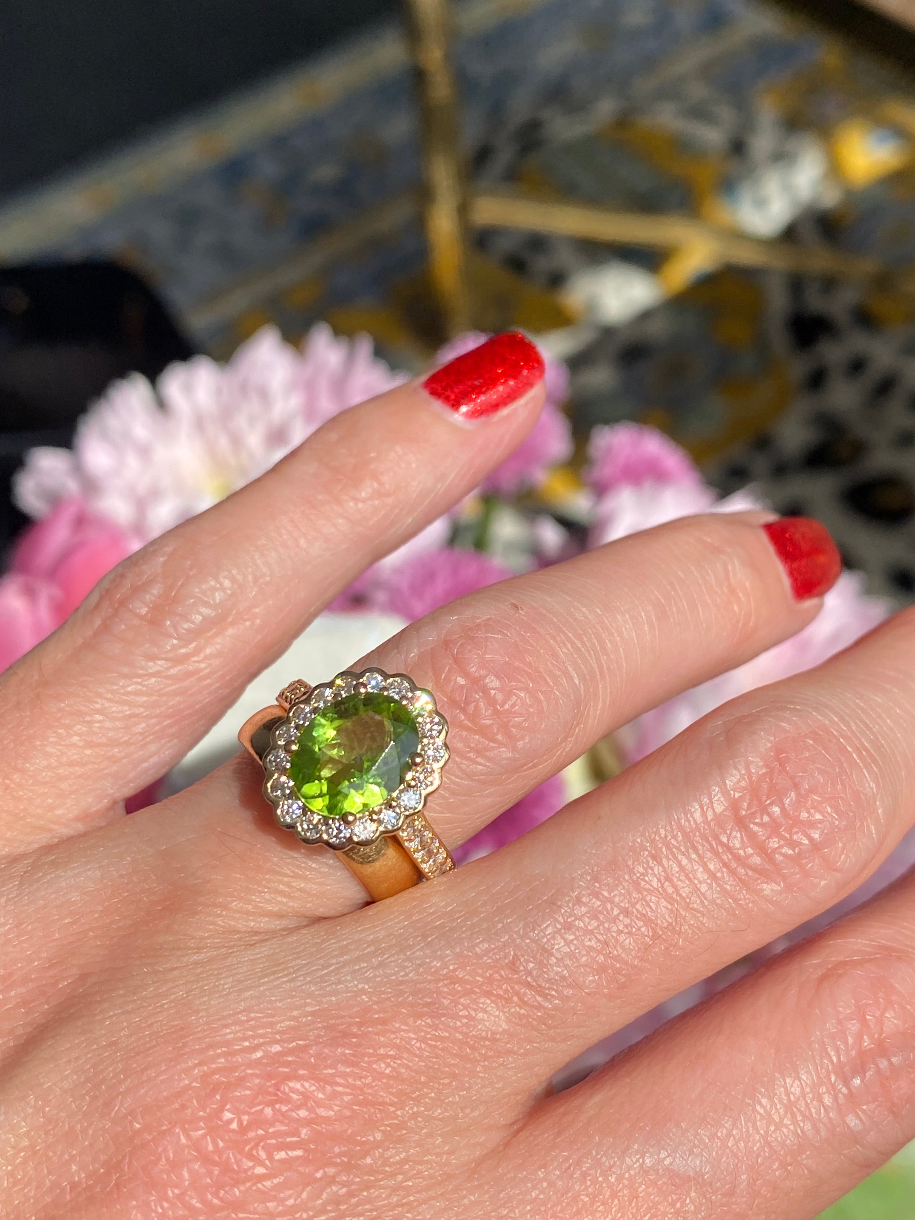 2.96 Carat Peridot and Natural Diamond Halo Ring in 18ct Yellow Gold