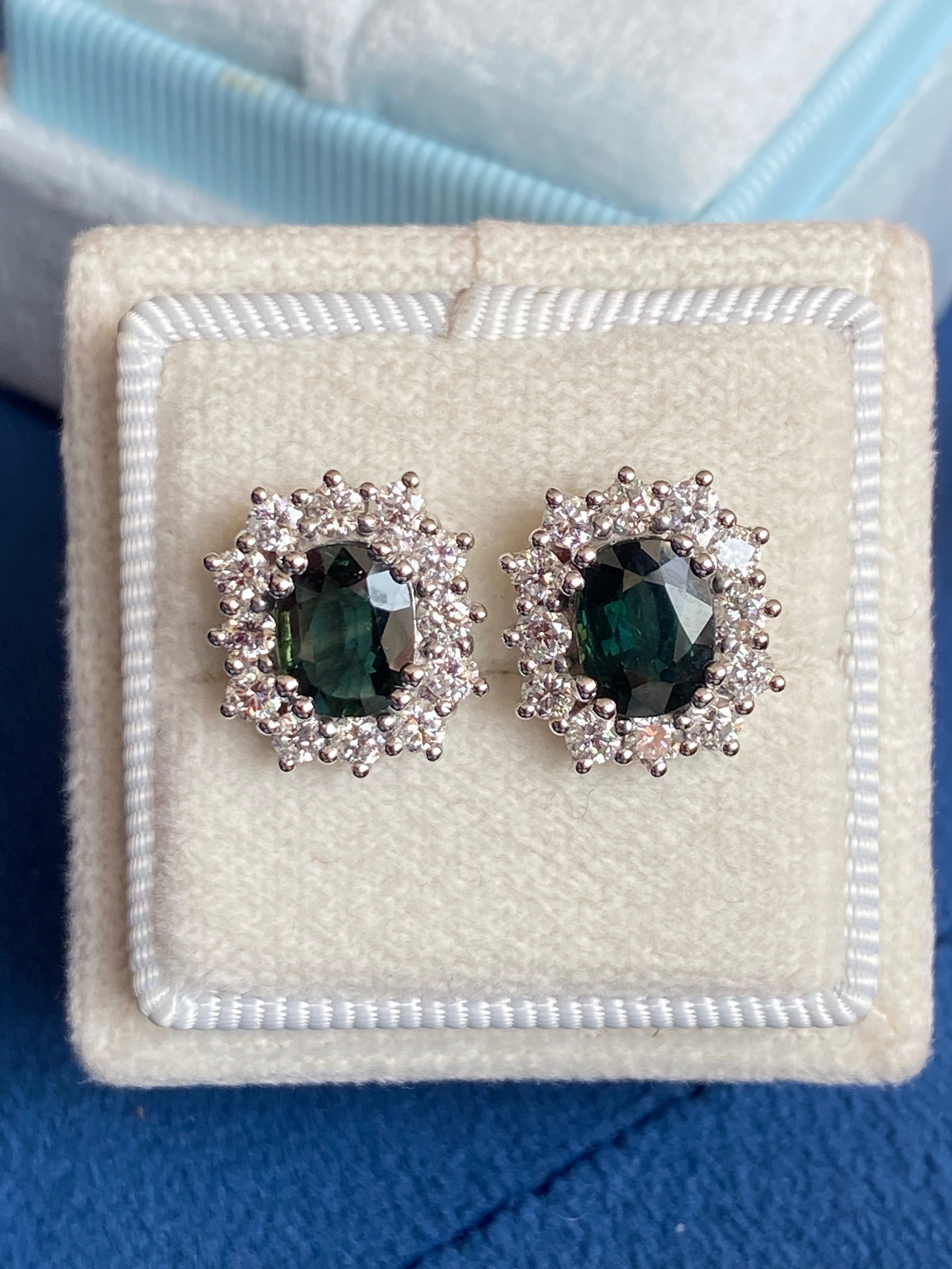 3.77 CTW Teal Sapphire and Natural Diamond Halo Stud Earrings in 18ct White Gold