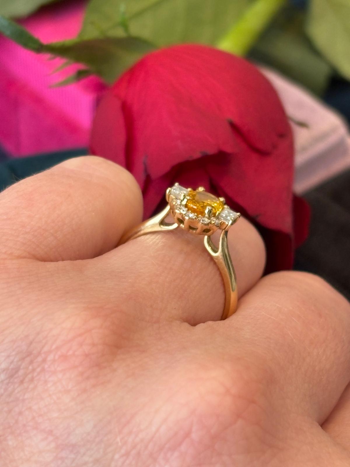 0.93 Carat Orange Yellow Sapphire and 0.37ctw Natural Diamond Halo Engagement Ring in 18ct Yellow Gold