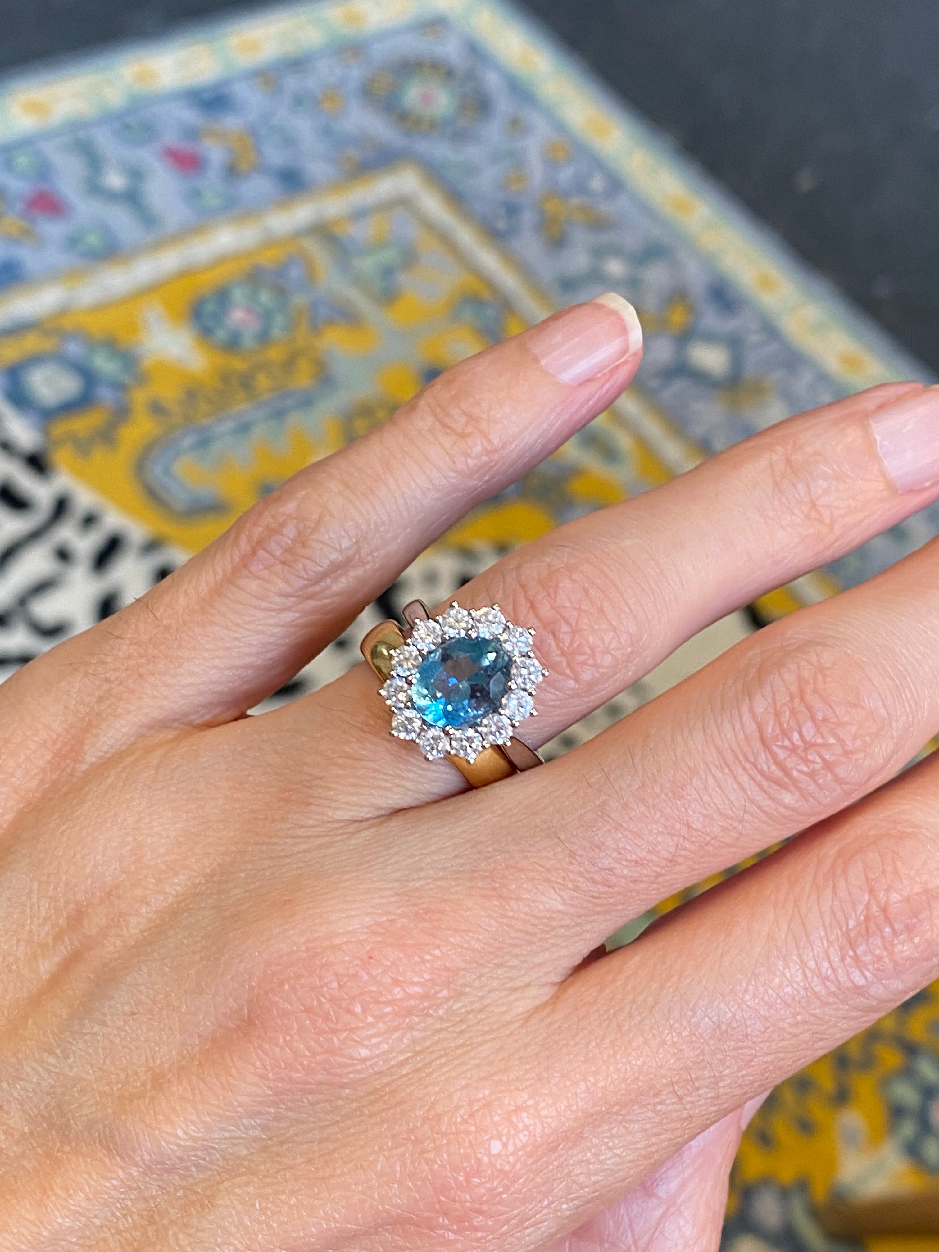 2.68 CTW Oval Cut Aquamarine and Natural Diamond Halo Engagement Ring in Platinum