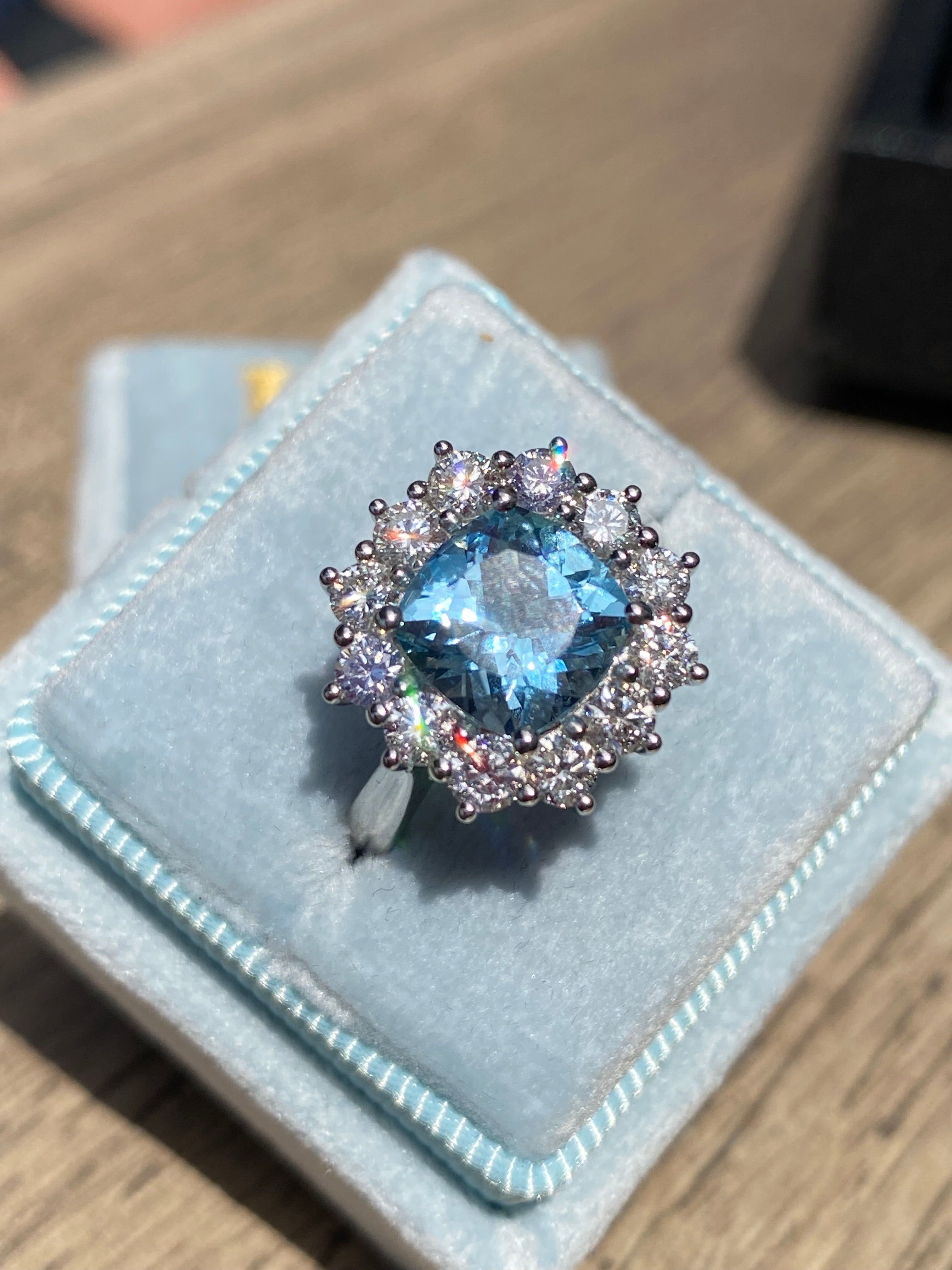 2.33 CTW Cushion Cut Aquamarine and Diamond Engagement Ring in Platinum