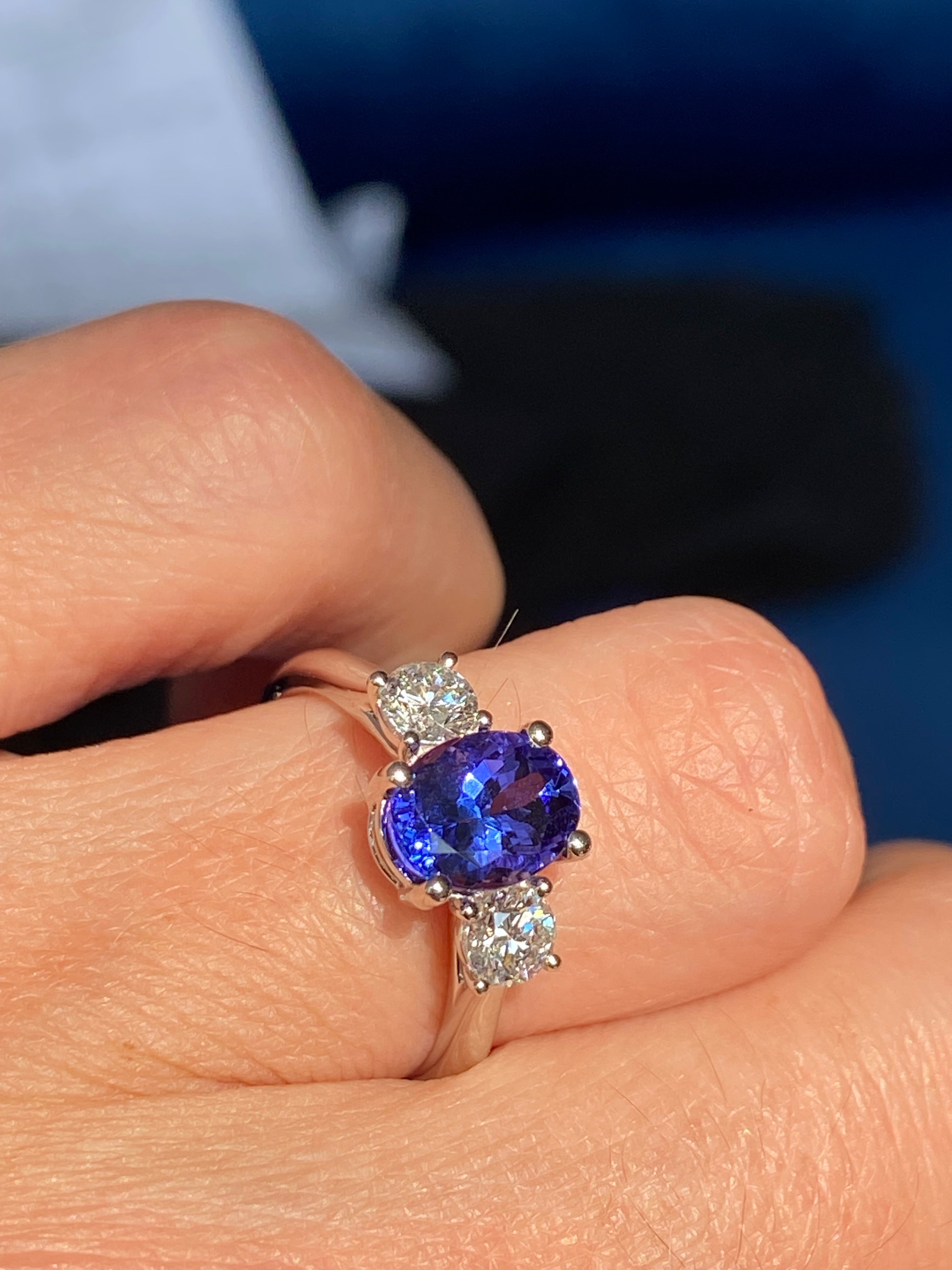 2.08 CTW Tanzanite and Natural Diamond Three Stone Ring in Platinum