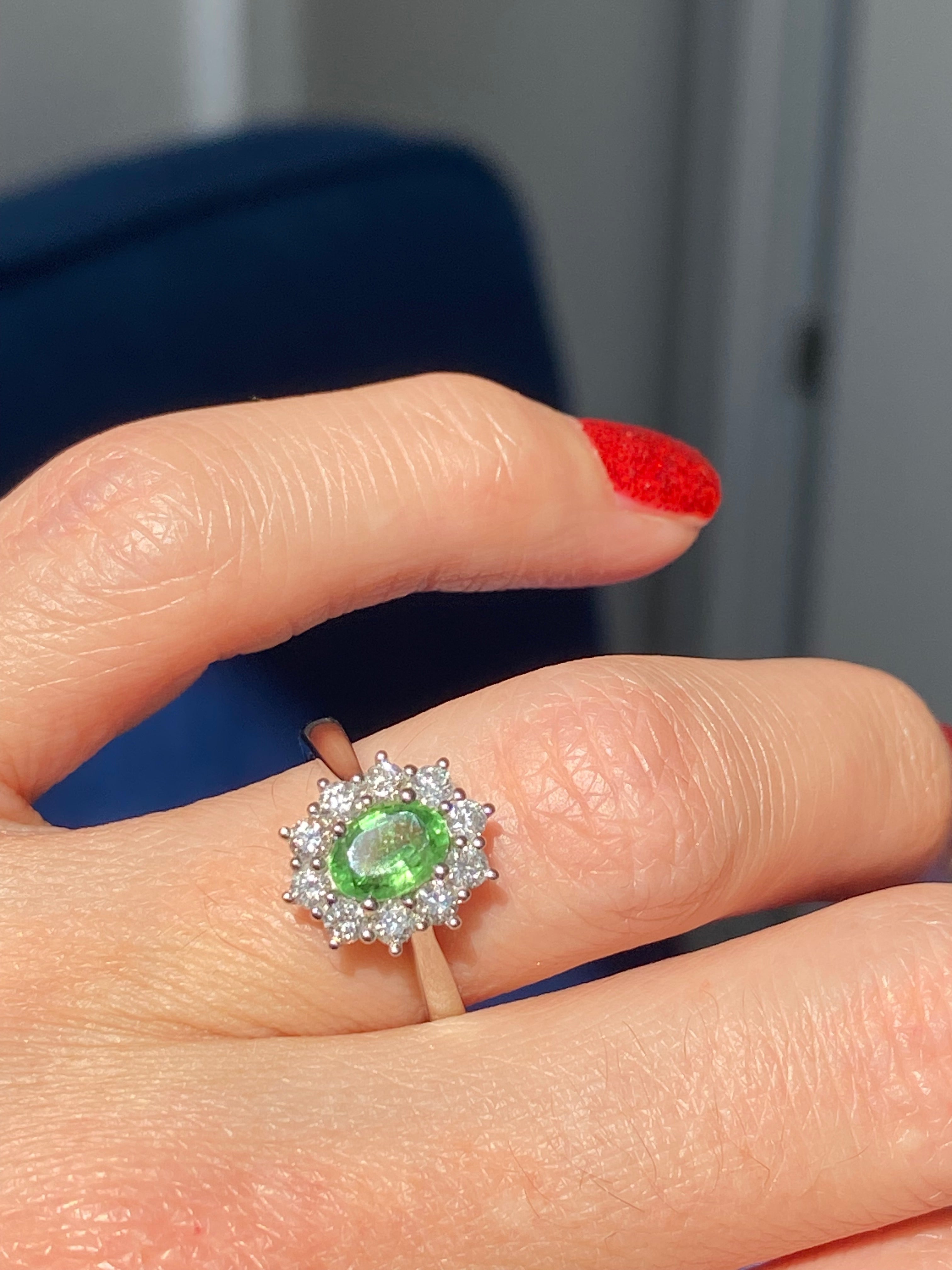 1.32 CTW Tsavorite Garnet and Natural Diamond Halo Ring in Platinum