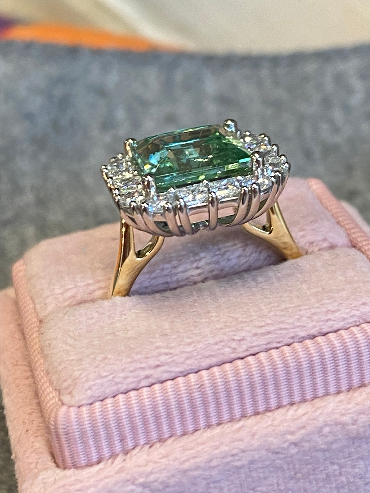 4.73 CTW Princess Cut Mint Tourmaline and Natural Diamond Ring in Platinum and 18ct Yellow Gold