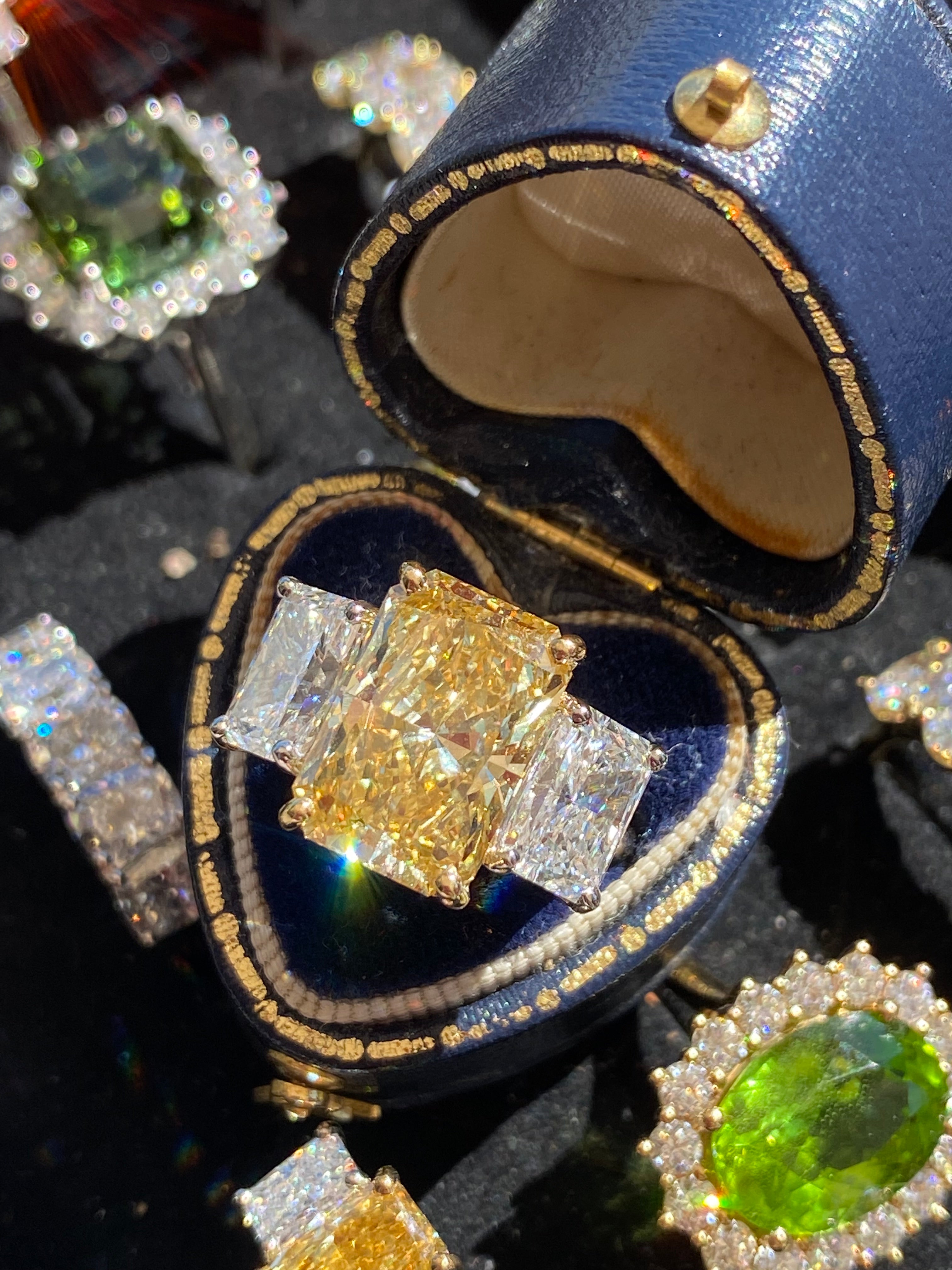 8.29 CTW Radiant Cut Fancy Yellow Lab Diamond Three Stone Engagement Ring in Platinum and 18ct Yellow Gold