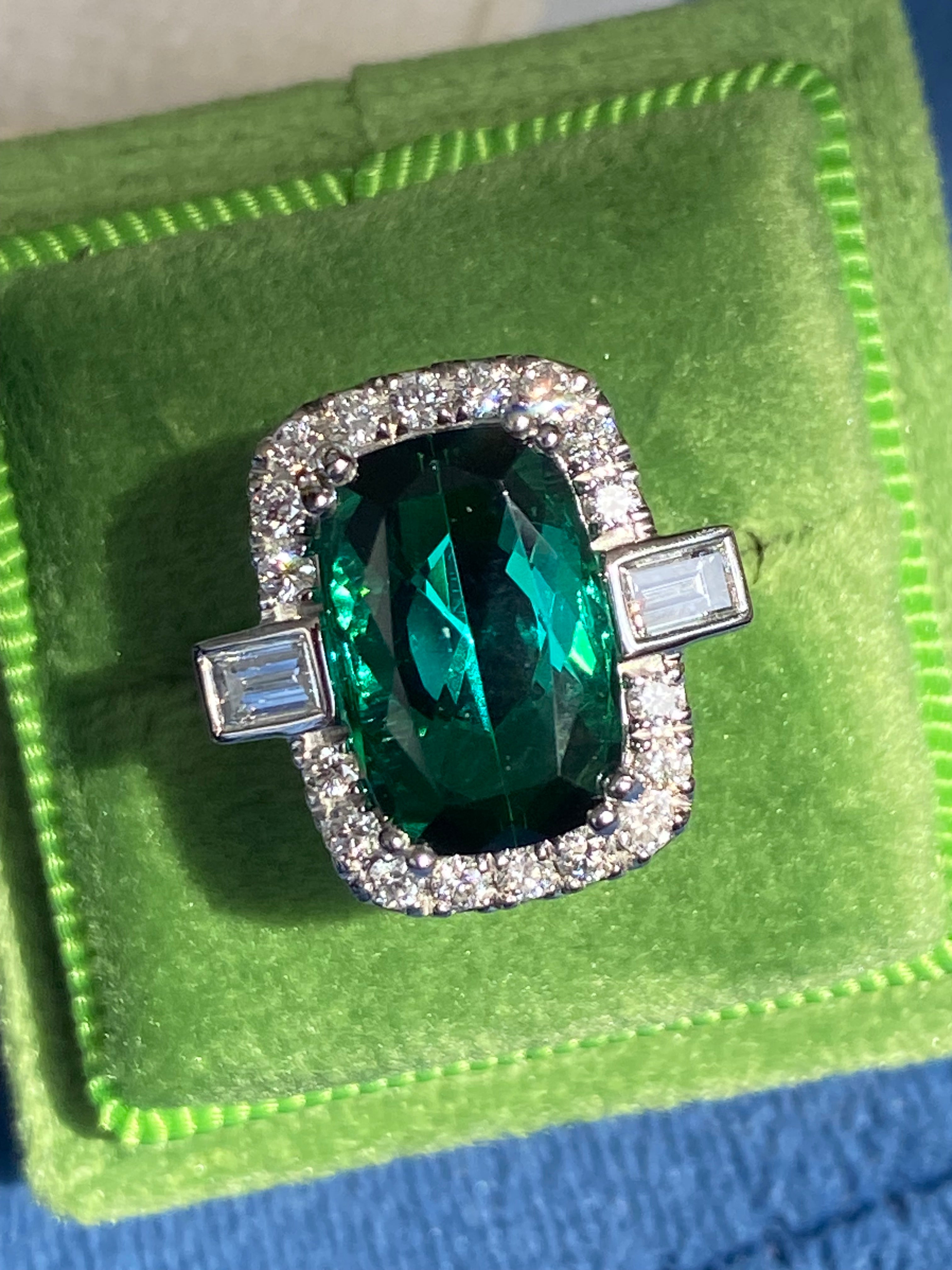 6.35 CTW Cut Teal Tourmaline and Natural Diamond Ring in Platinum
